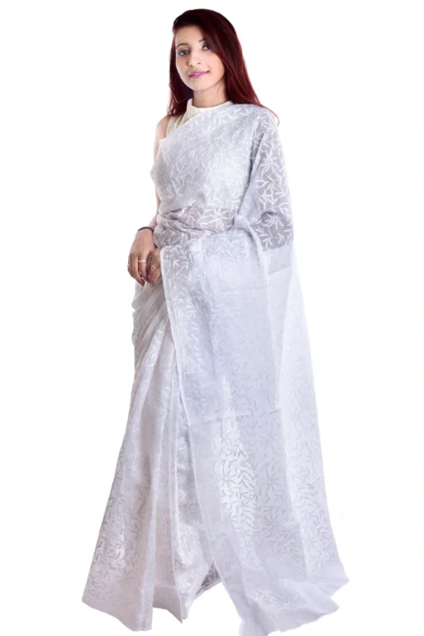 Lavangi Women Lucknow Chikankari White Kota Tepchi Work Saree