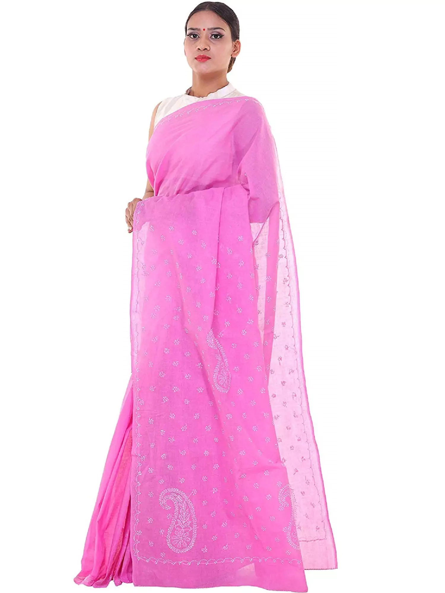 Lavangi Lucknow Chikan Keel Work Onion Pink Cotton Saree