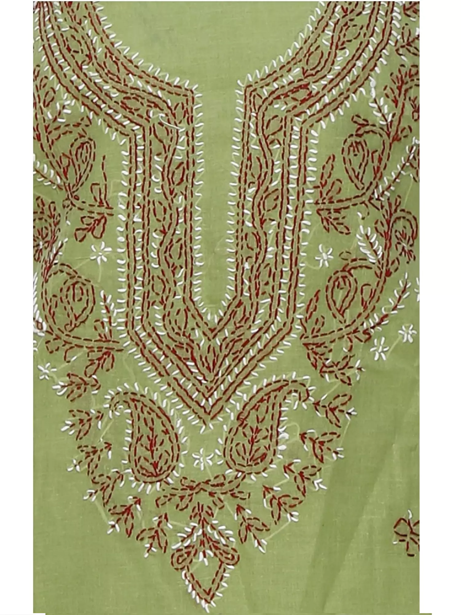 Lavangi Lucknow Chikan Cotton Unstitched Mehndi Green Suit Length