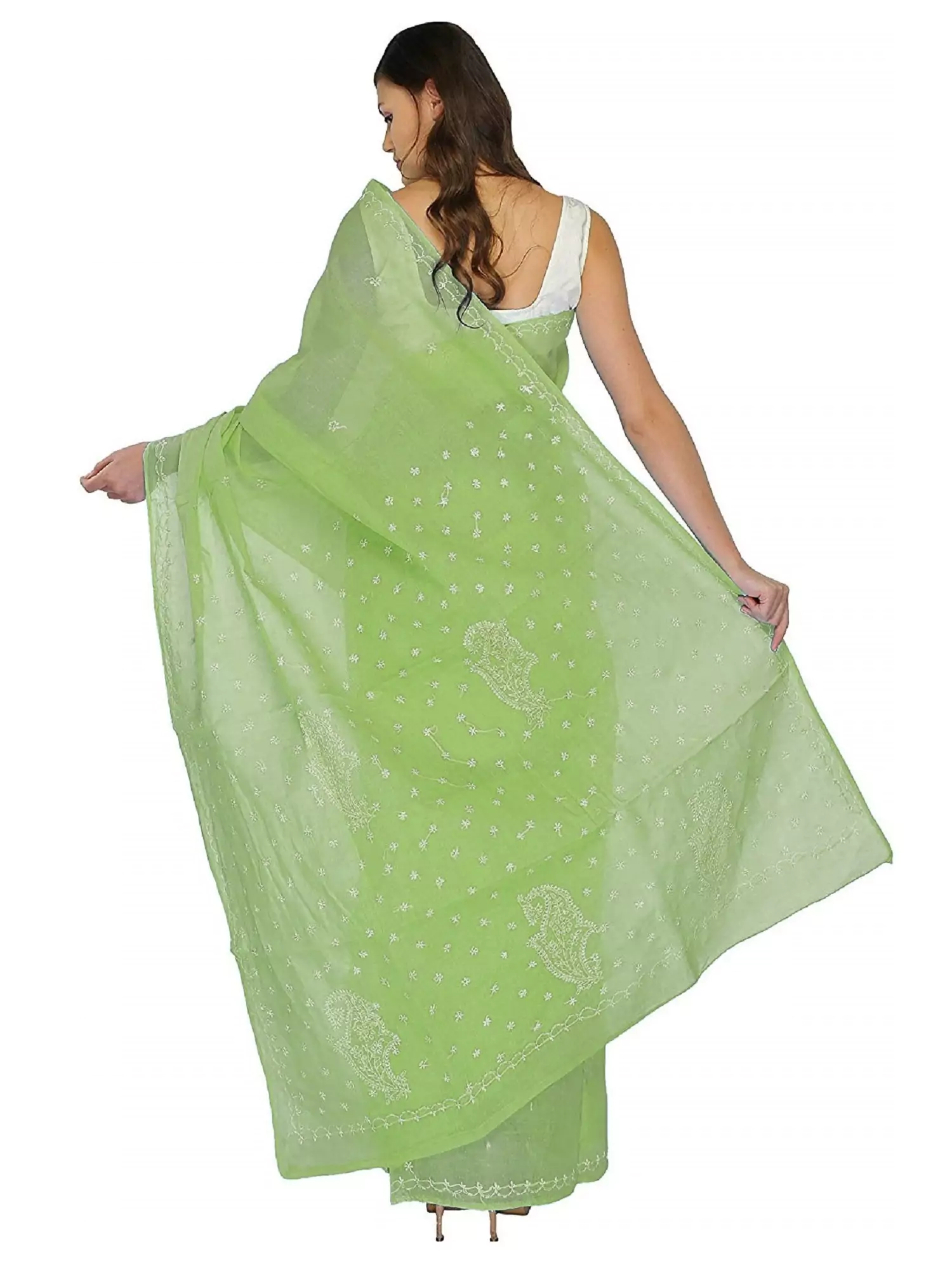 Lavangi Lucknow Chikan Keel Work Mehndi Green Cotton Saree