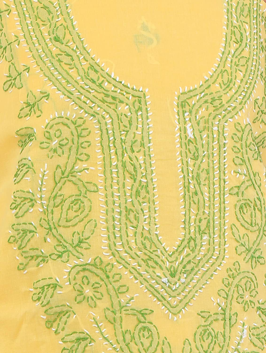 Lavangi Women's Lucknow Chikankari Yellow Unstitched Cotton Dress Material Zoom