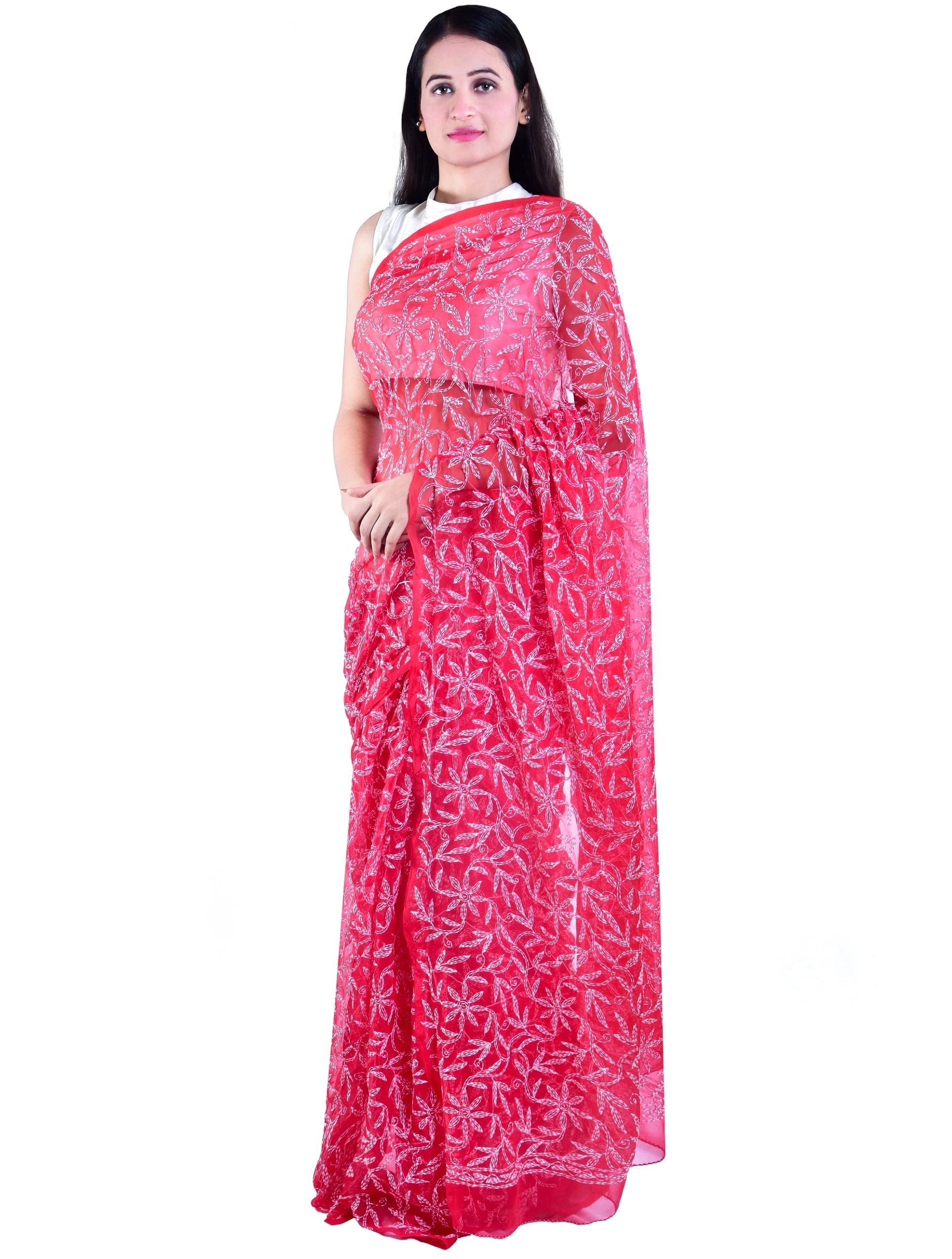 Lavangi Lucknow Chikan Georgette Tepchi Work Red Saree