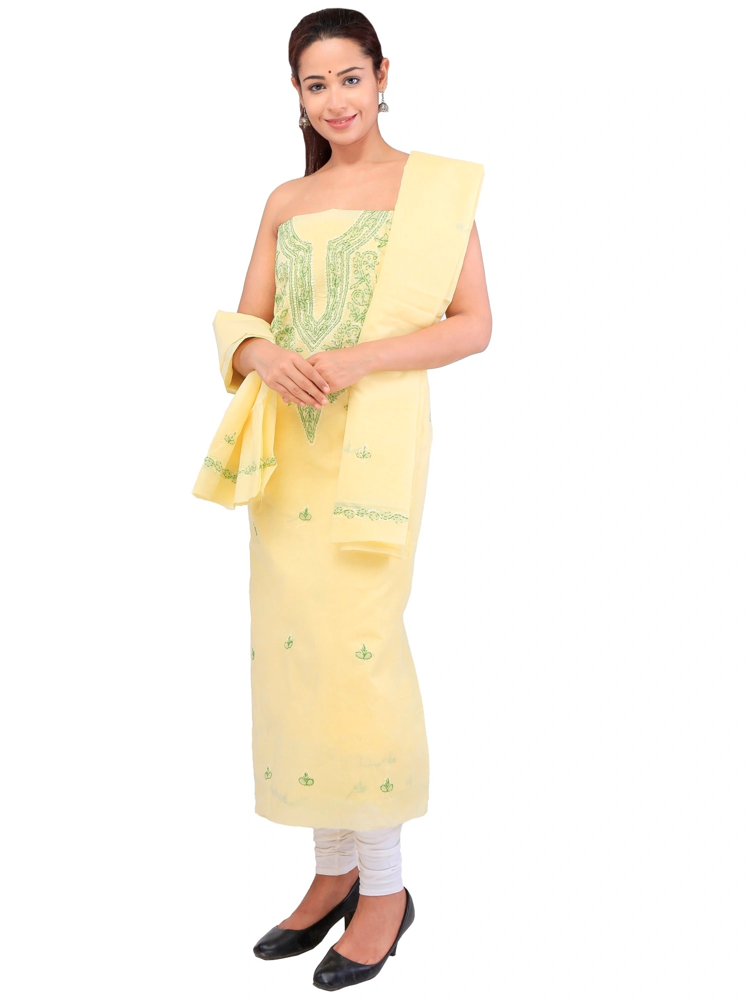 Lavangi Women's Lucknow Chikankari Lemon Yellow Unstitched Cotton Dress Material