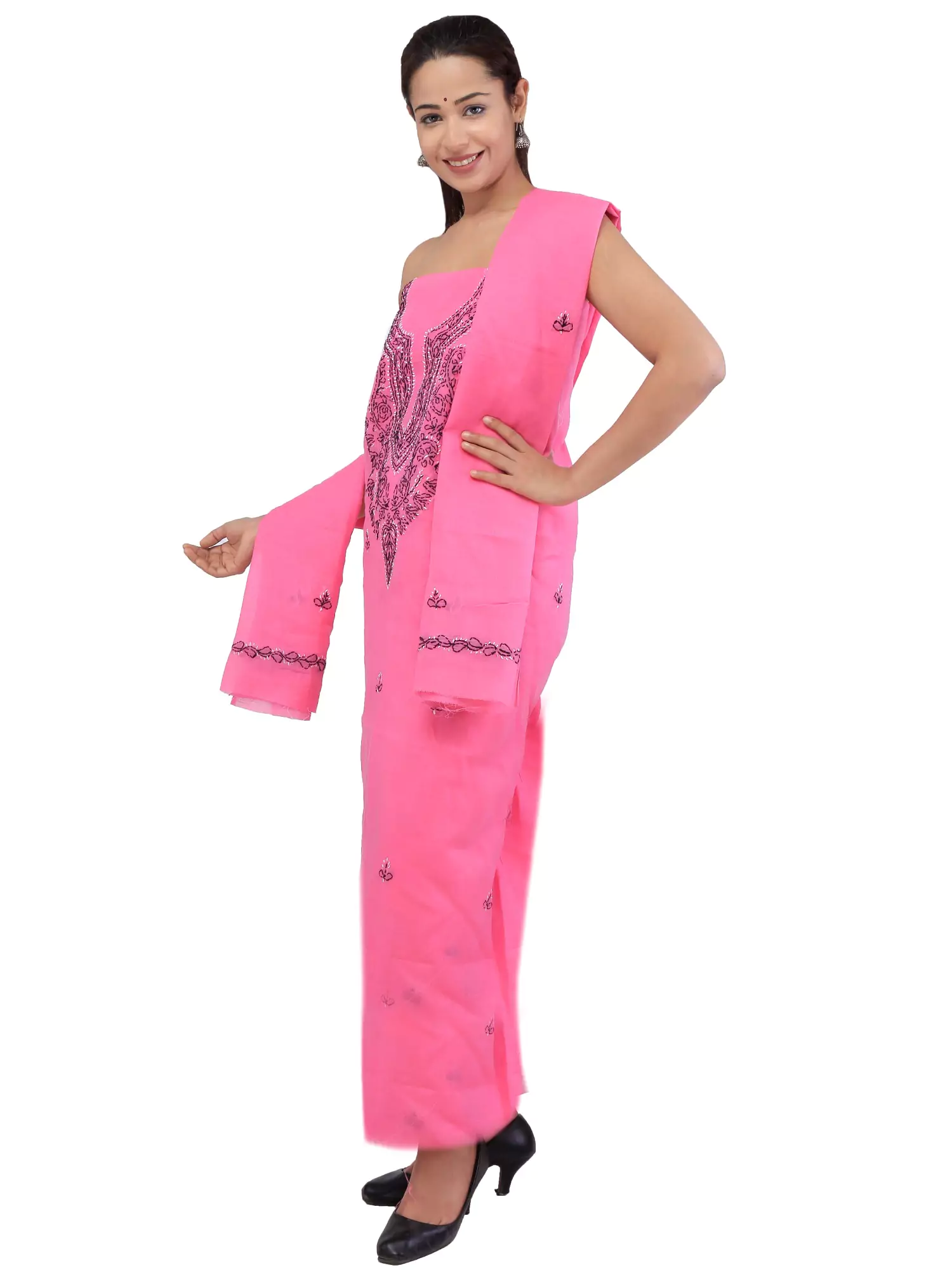 Lavangi Lucknow Chikan Cotton Unstitched Pink Suit Length