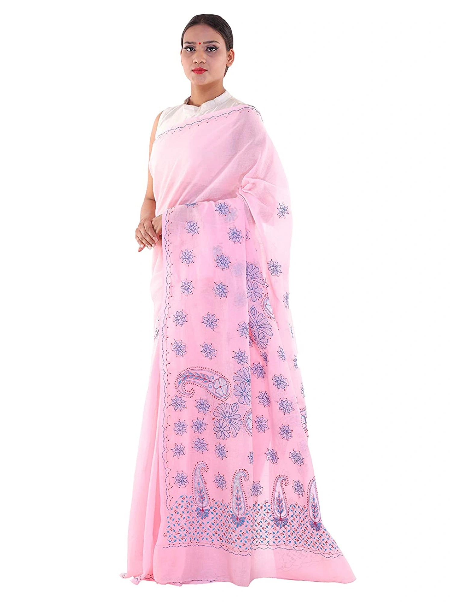 Lavangi Lucknow Chikan Baby Pink Cotton Net Saree