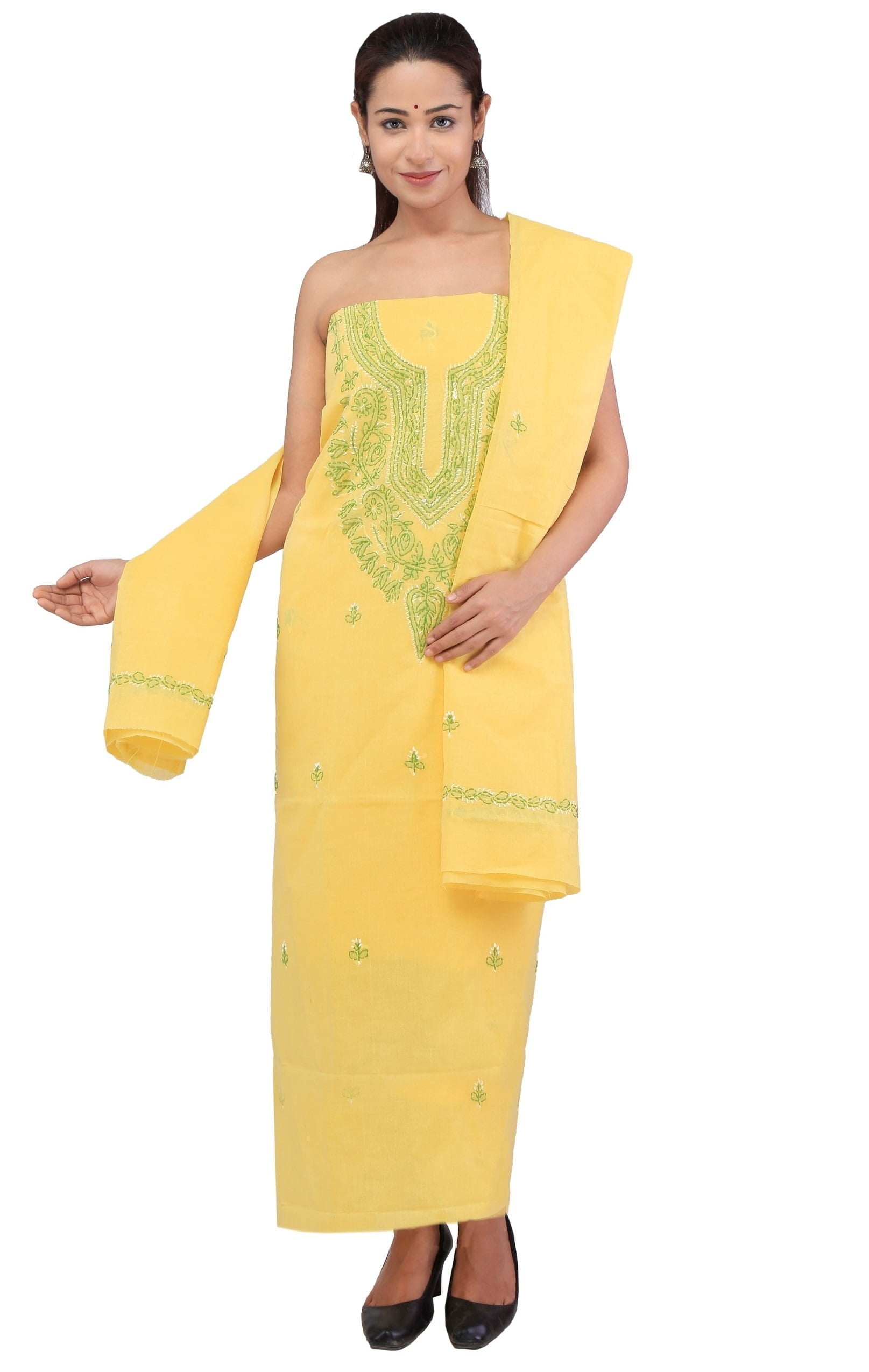 Lavangi Women's Lucknow Chikankari Yellow Unstitched Cotton Dress Material