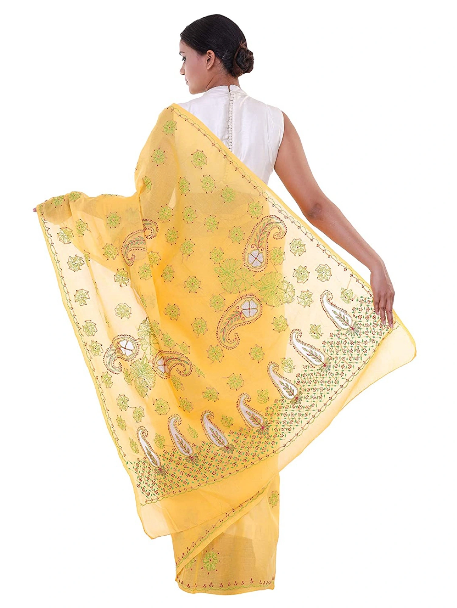 Lavangi Lucknow Chikan Yellow Cotton Net Saree