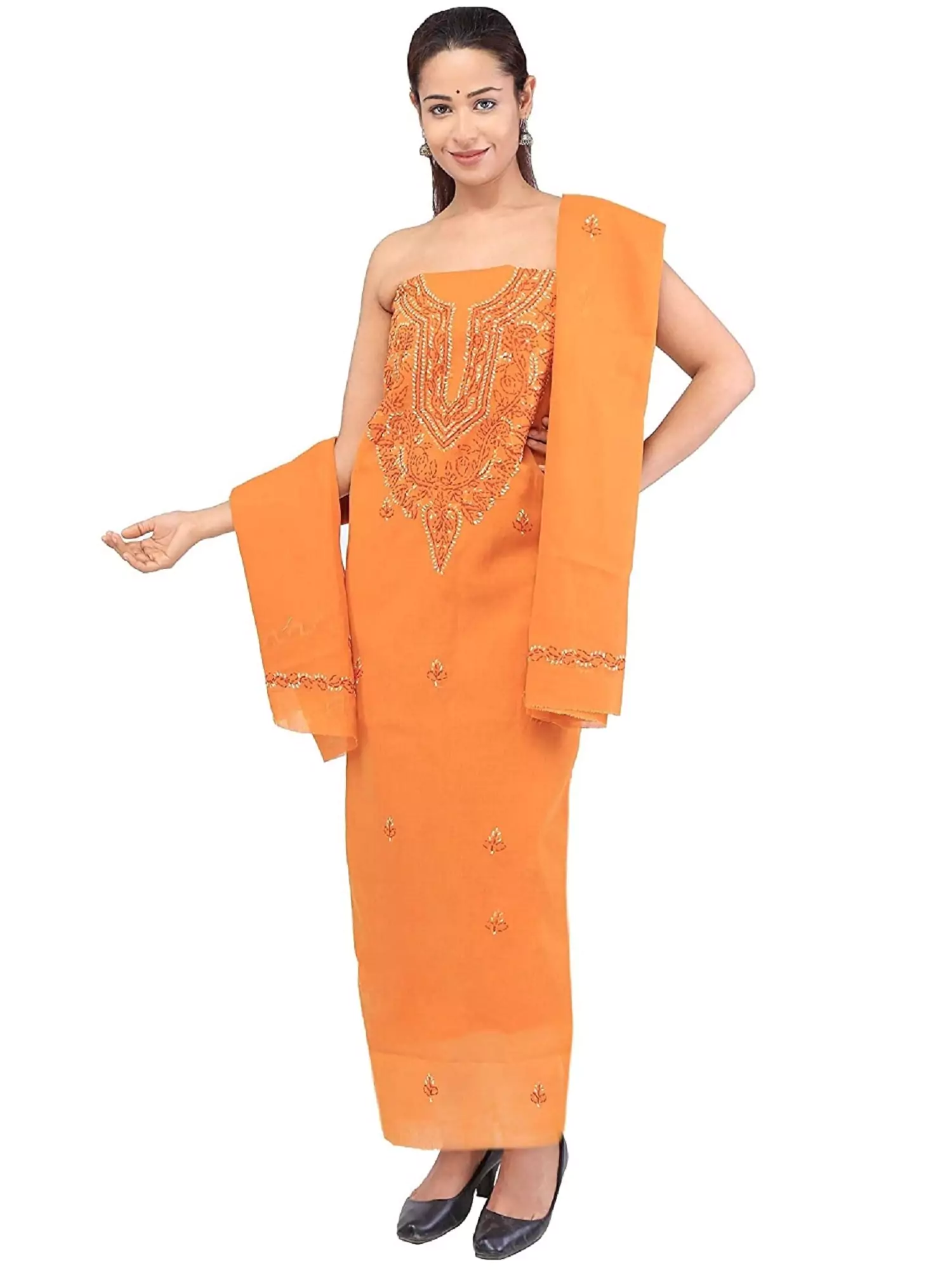 Lavangi Lucknow Chikan Cotton Unstitched Orange Suit Length