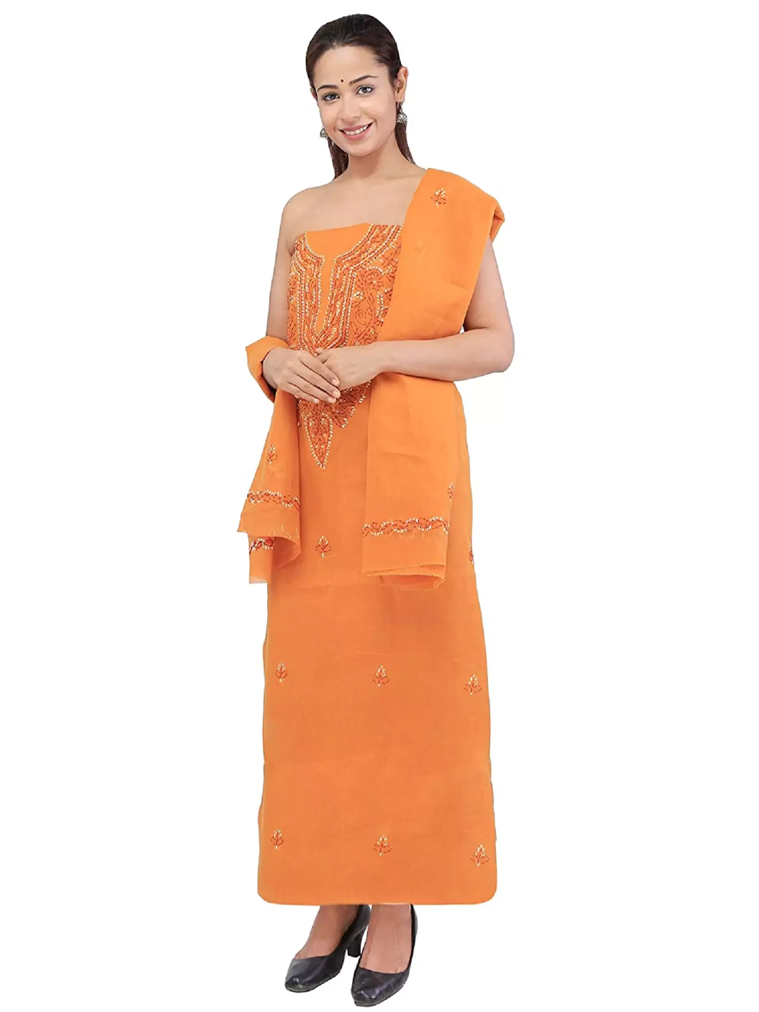 Lavangi Lucknow Chikan Cotton Unstitched Orange Suit Length