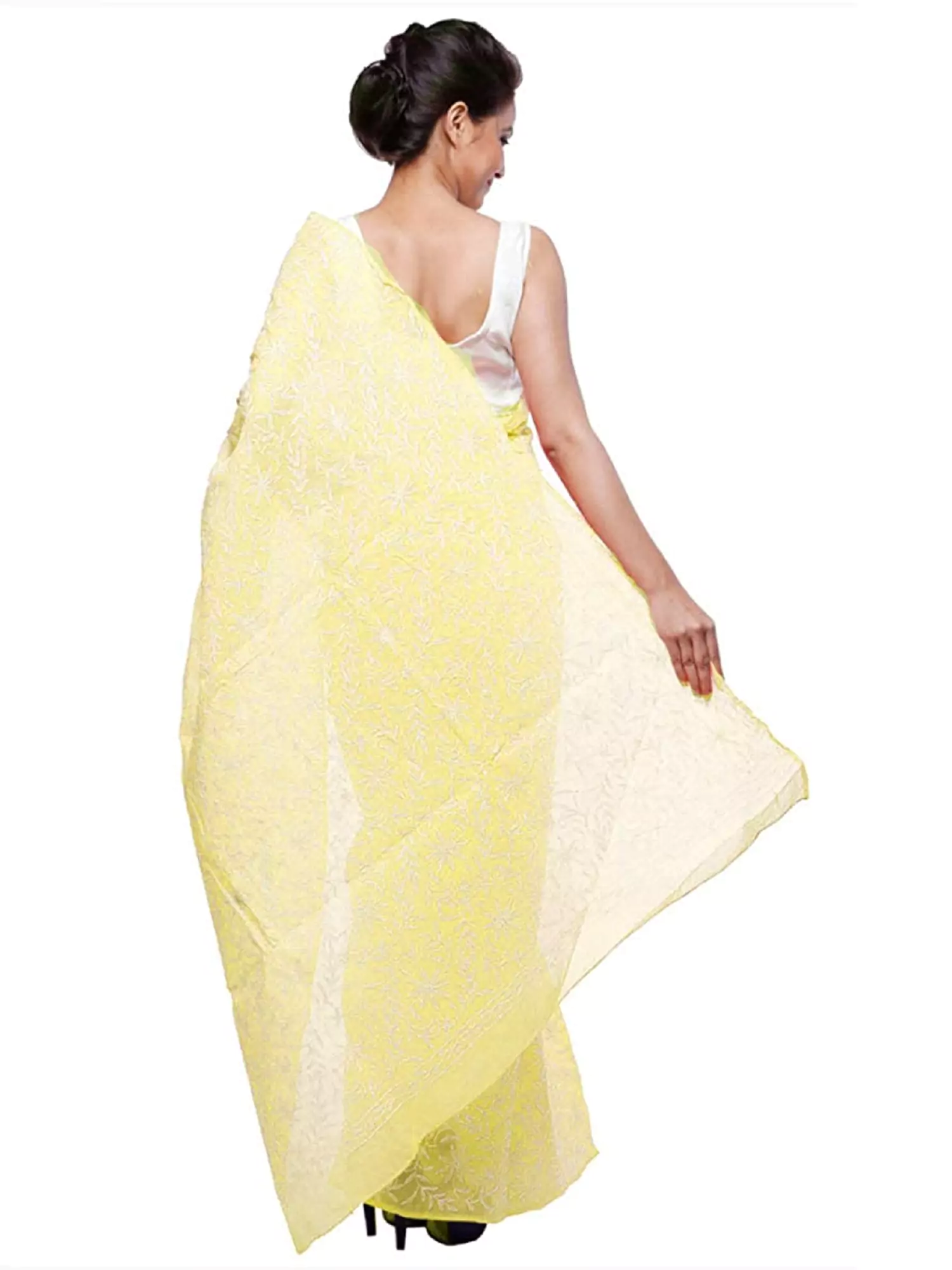 Lavangi Women Lucknow Chikankari Lemon Yellow Tepchi Saree