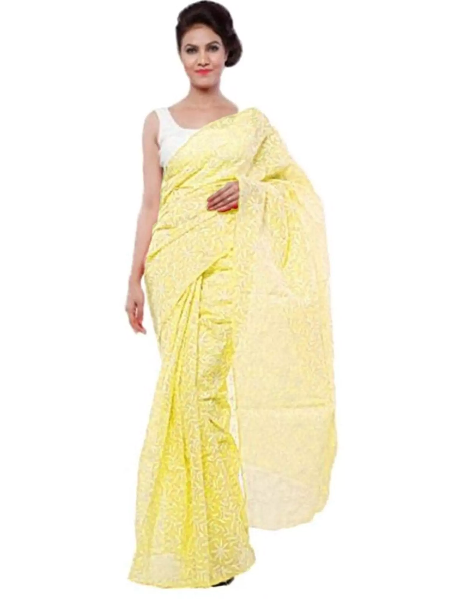 Lavangi Women Lucknow Chikankari Lemon Yellow Tepchi Saree