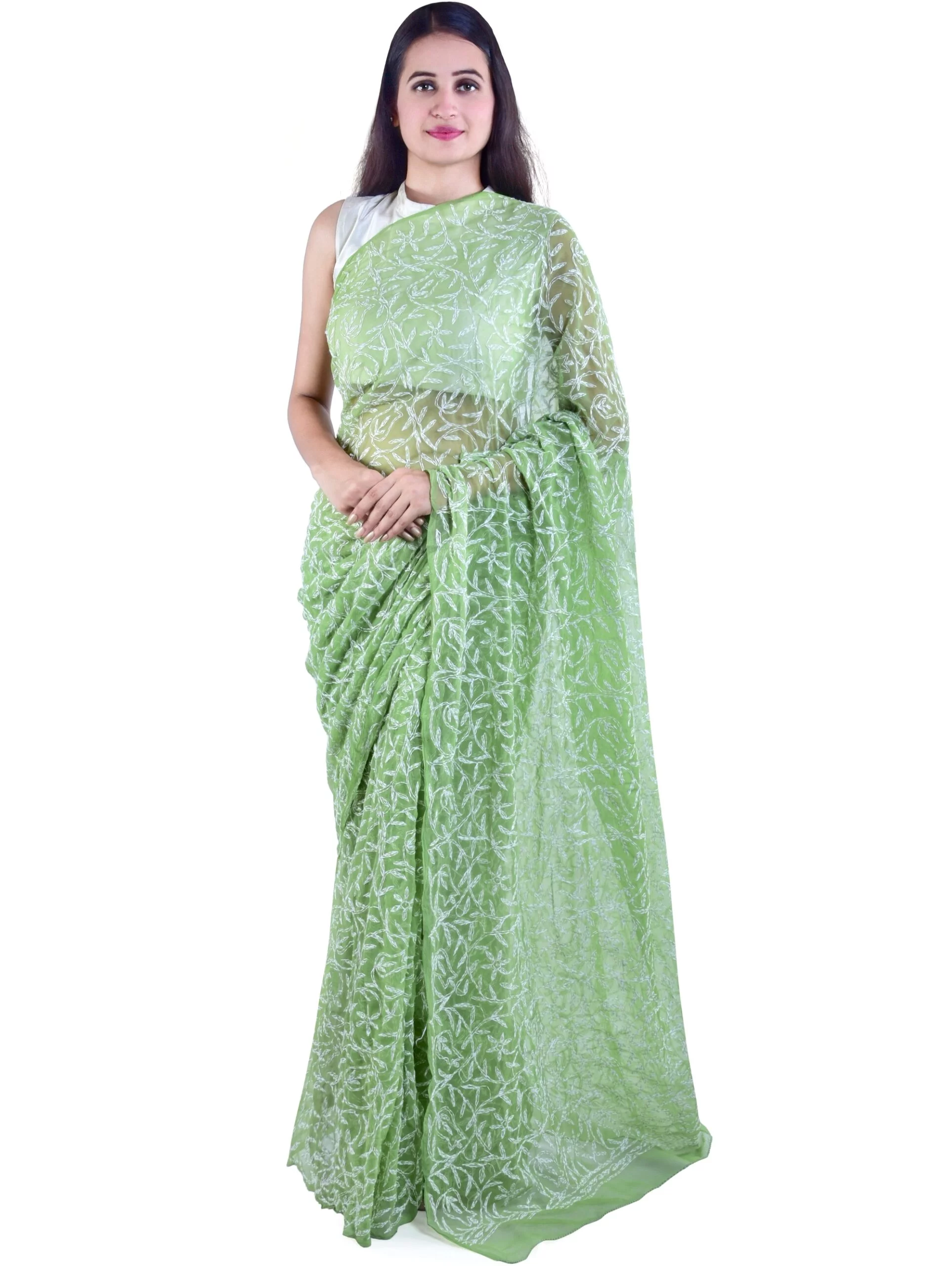 Lavangi Women Lucknow Chikankari Tepchi Work Mehndi Green Georgette Saree