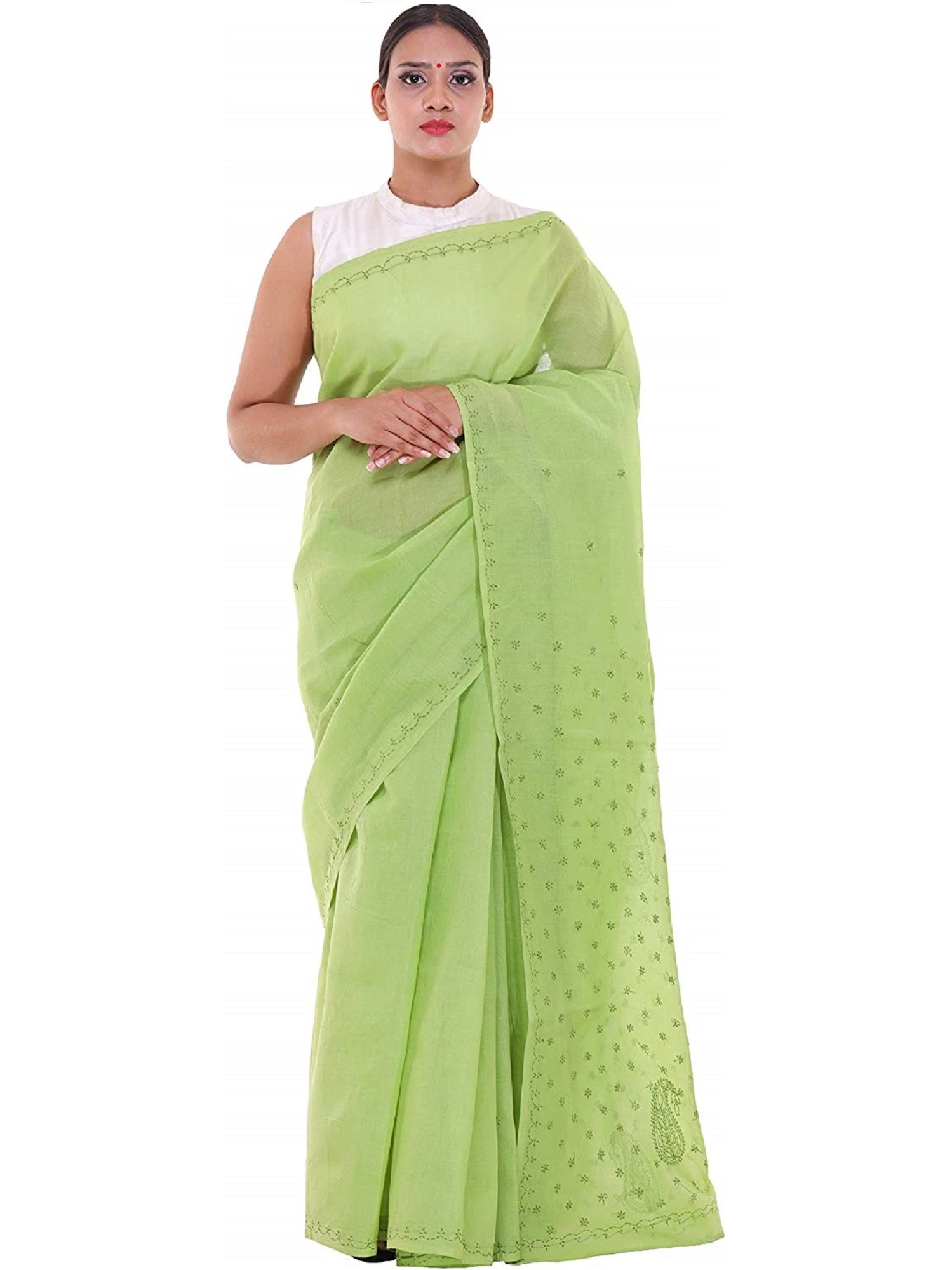 Lavangi Lucknow Chikan Mehndi Green Keel Palla Saree