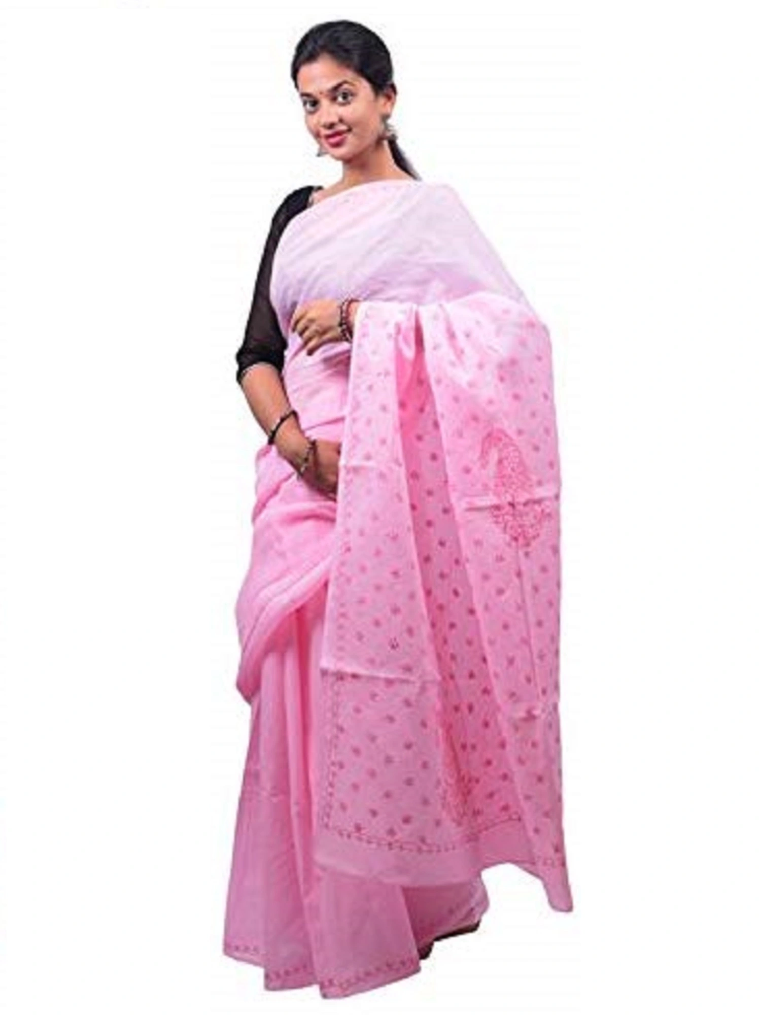 Lavangi Lucknow Chikankari Baby Pink Keel Palla Saree with Pink Threads