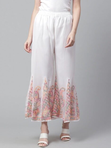 Lavangi Women Lucknow Chikan White Chiffon Palazzo Multi Embroidery with attached cotton Lining