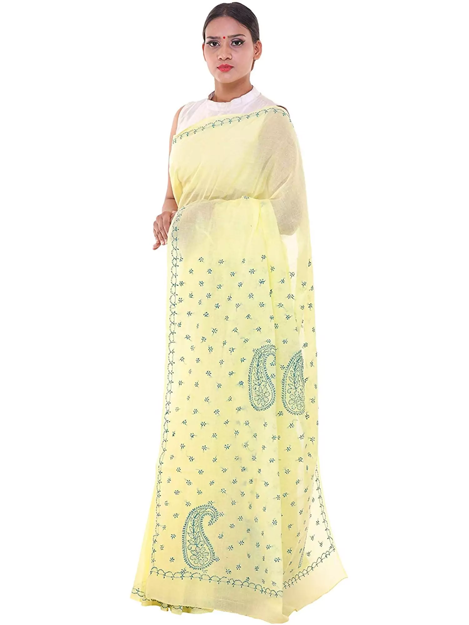 Lavangi Lucknow Chikan Lemon Yellow Saree