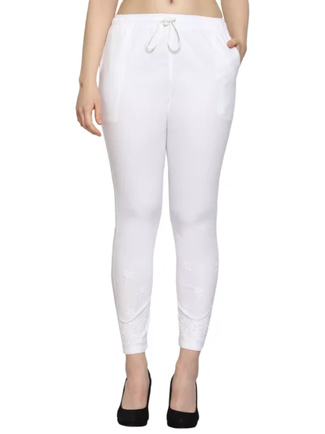 Lavangi Women Lucknow Chikankari Cotton White Lycra Trousers