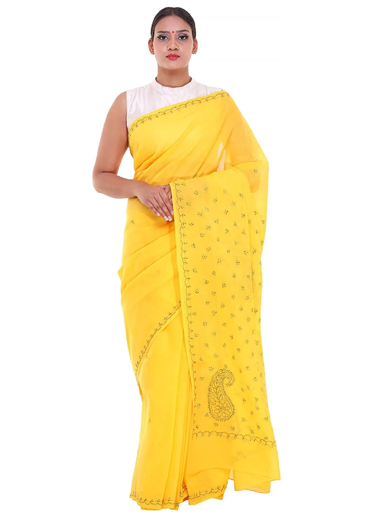 Lavangi Lucknow Chikan Keel Work Yellow Cotton Saree