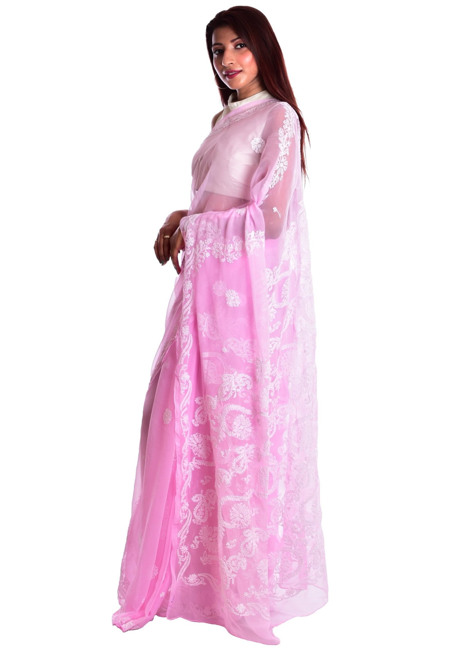 Lavangi Baby Pink Georgette Lucknow Chikankari Saree