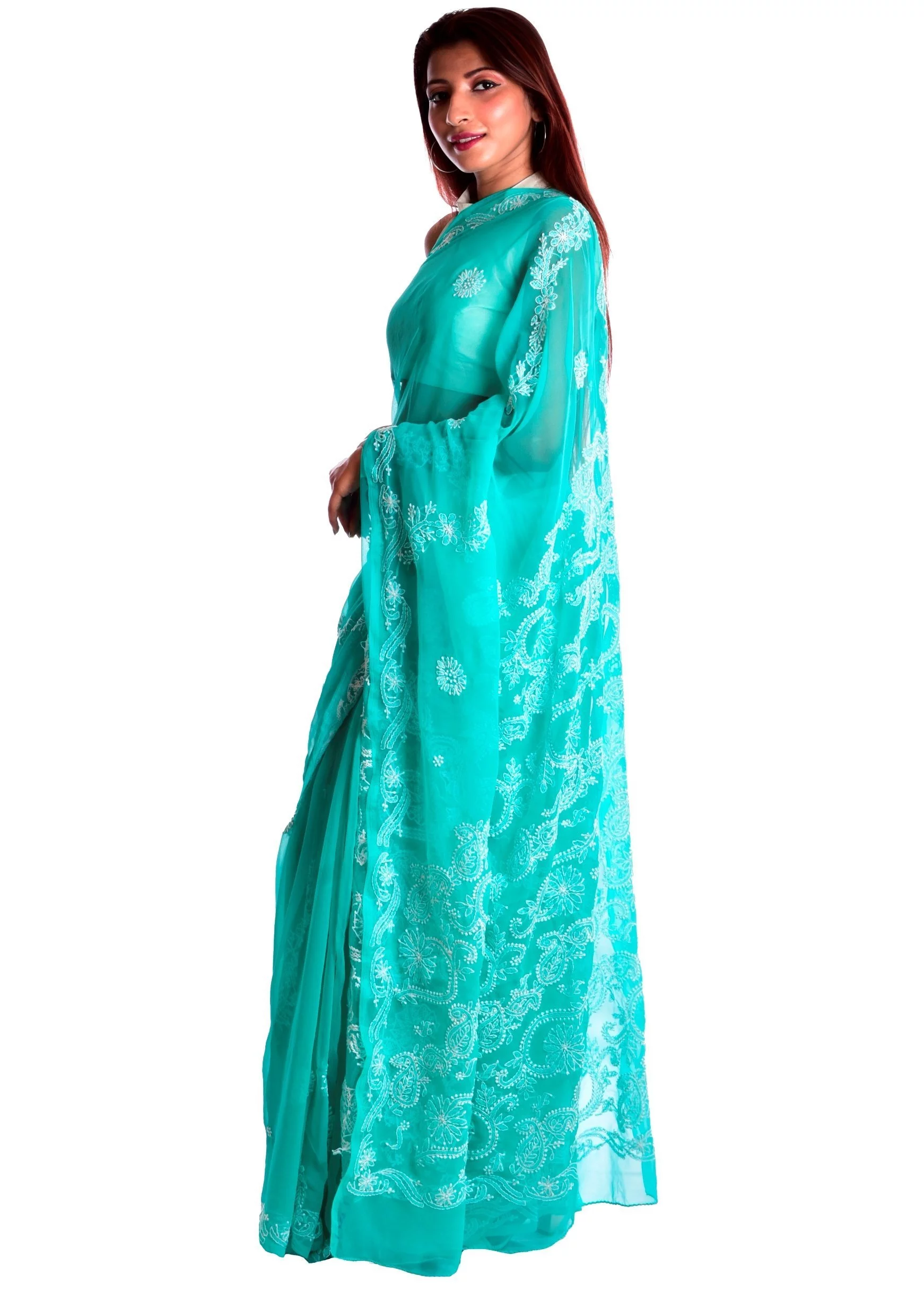 Lavangi Sea Green Georgette Lucknow Chikankari Saree