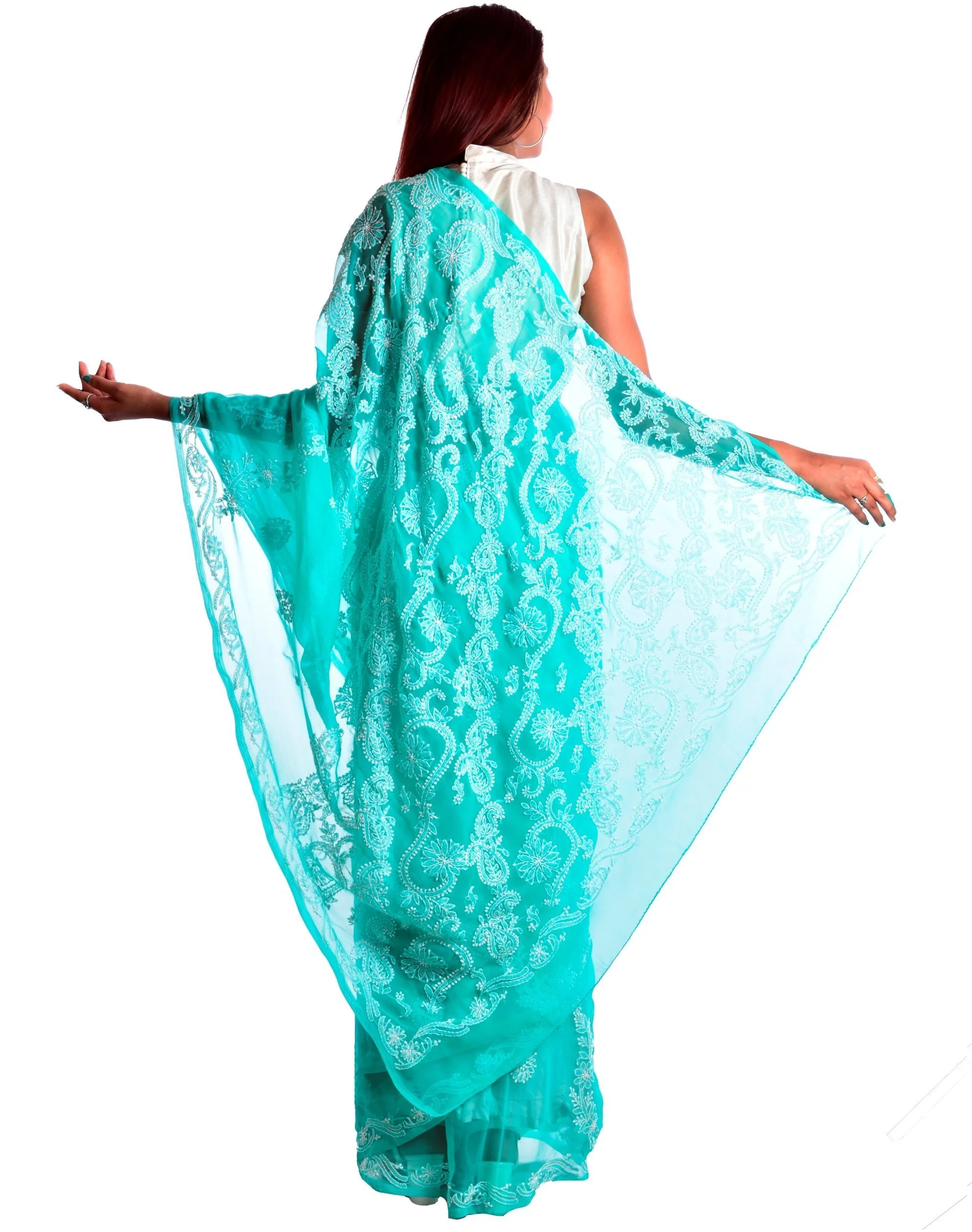 Lavangi Sea Green Georgette Lucknow Chikankari Saree