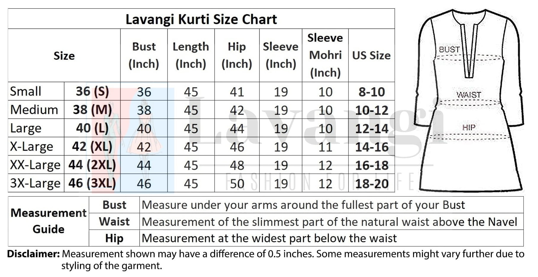 Size Chart of Lavangi Kurti
