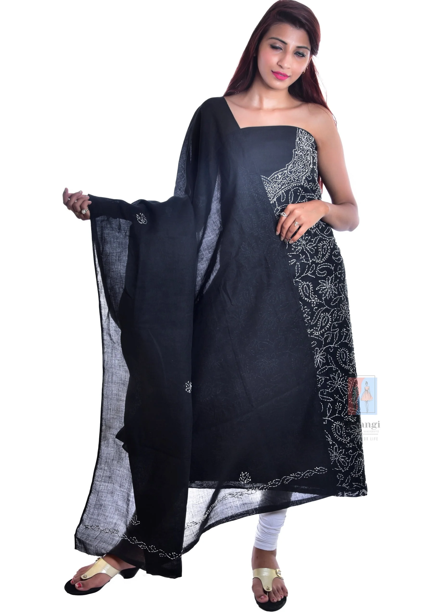Lavangi Lucknow Chikankari Unstitched Black Cotten Front Jaal Dress Material