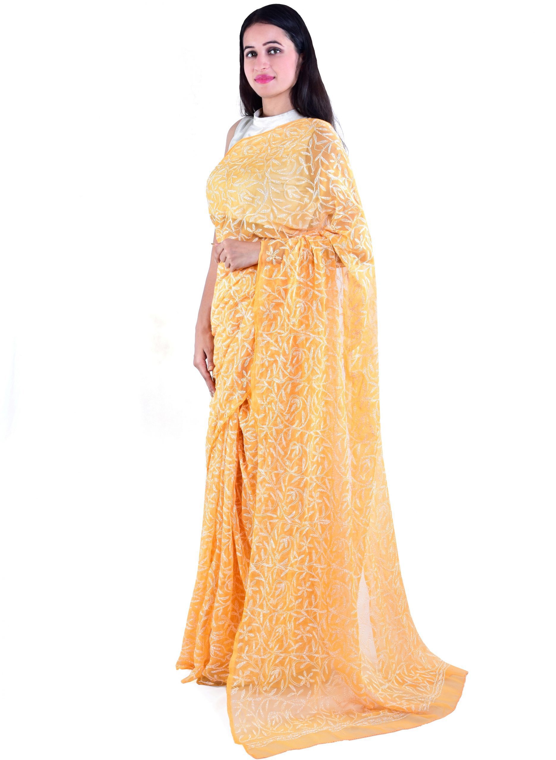 Lavangi Turmeric Yellow Allover Tepchi Georgette Lucknow Chikankari Saree