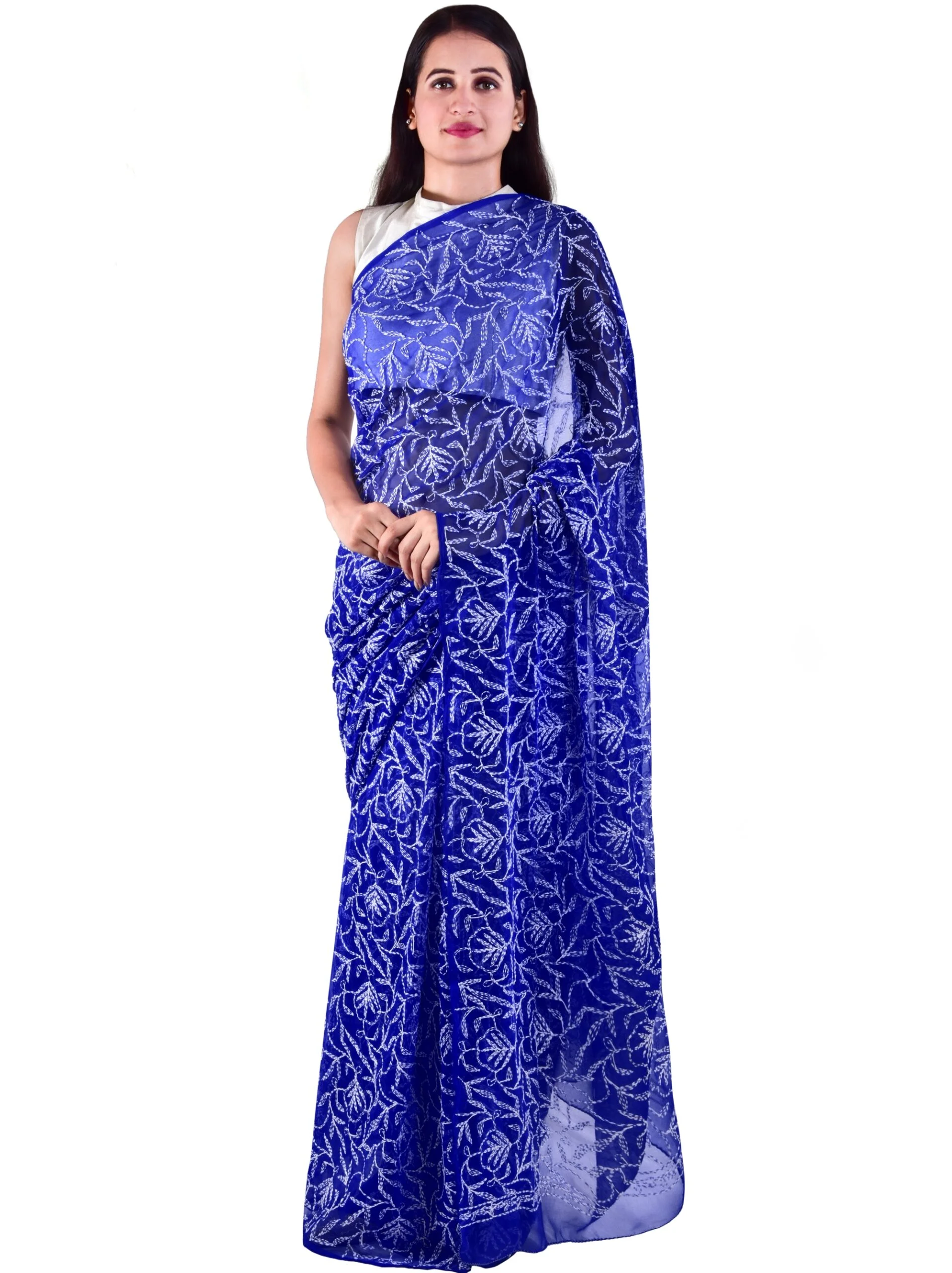 Lavangi Royal Blue Allover Tepchi Georgette Lucknow Chikankari Saree
