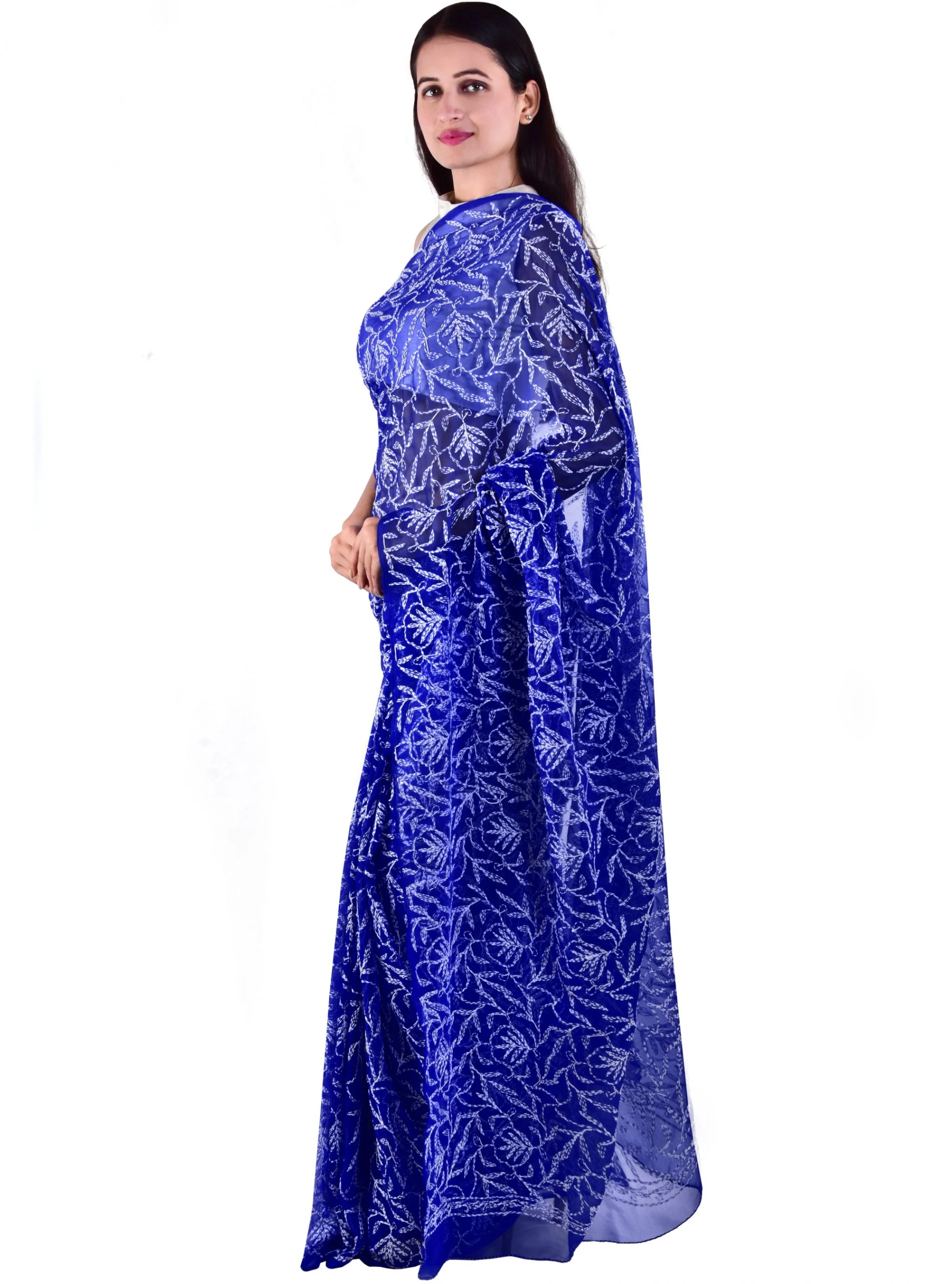 Lavangi Royal Blue Allover Tepchi Georgette Lucknow Chikankari Saree