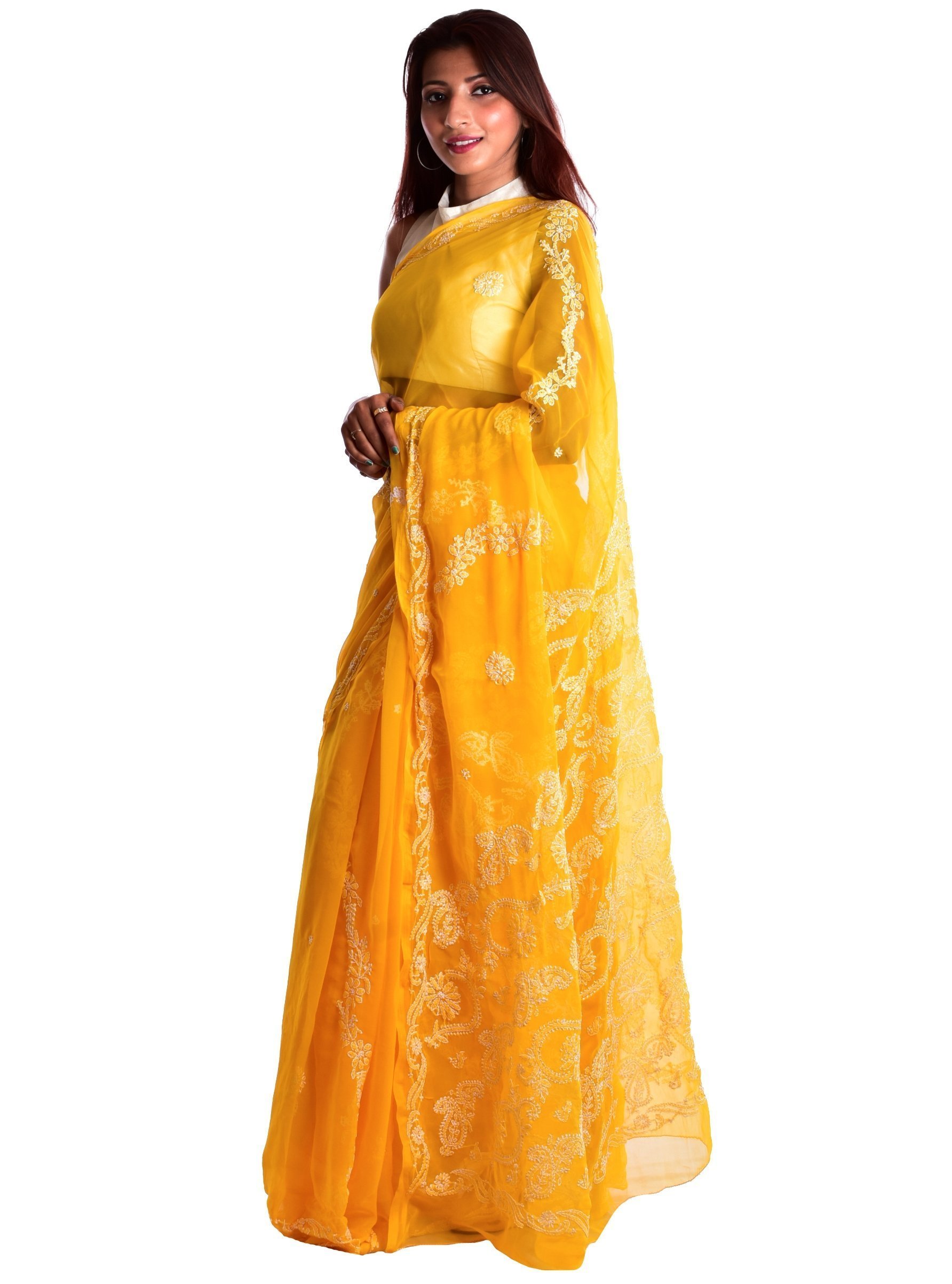 Lavangi Yellow Georgette Lucknow Chikankari Saree