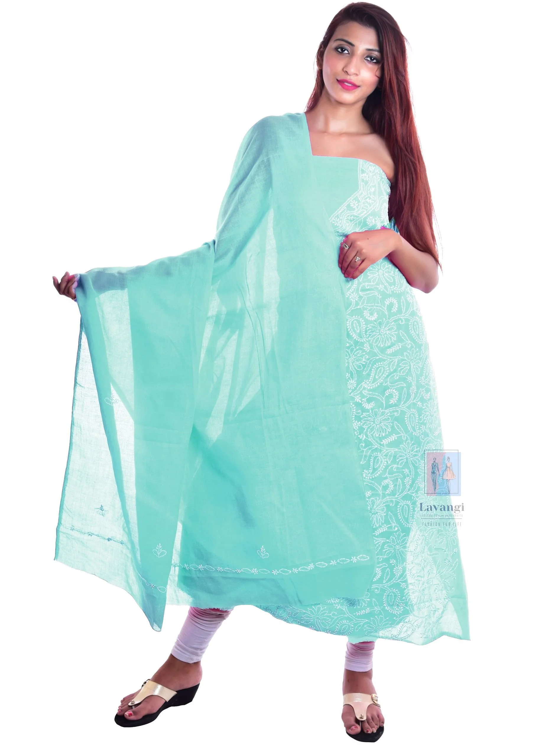 Lavangi Lucknow Chikankari Unstitched Sea Green Cotten Front Jaal Dress Material