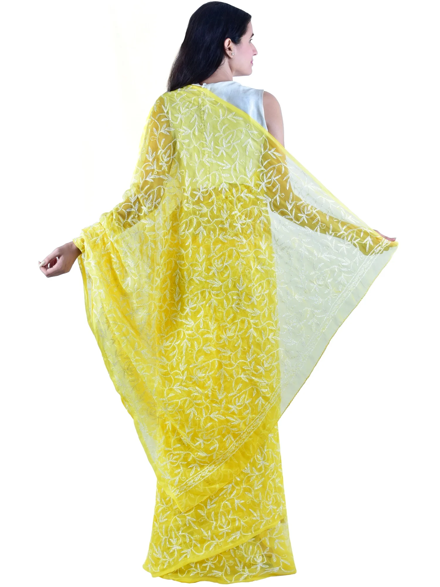 Lavangi Lucknow Chikankari Tepchi work Yellow Allover Georgette Saree