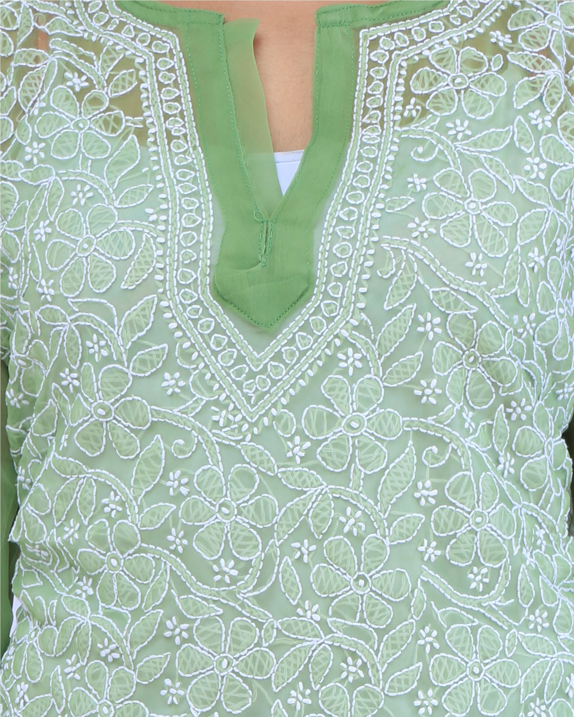 Lavangi Lucknow Chikankari Georgette Mehndi Green Short Top Kurti