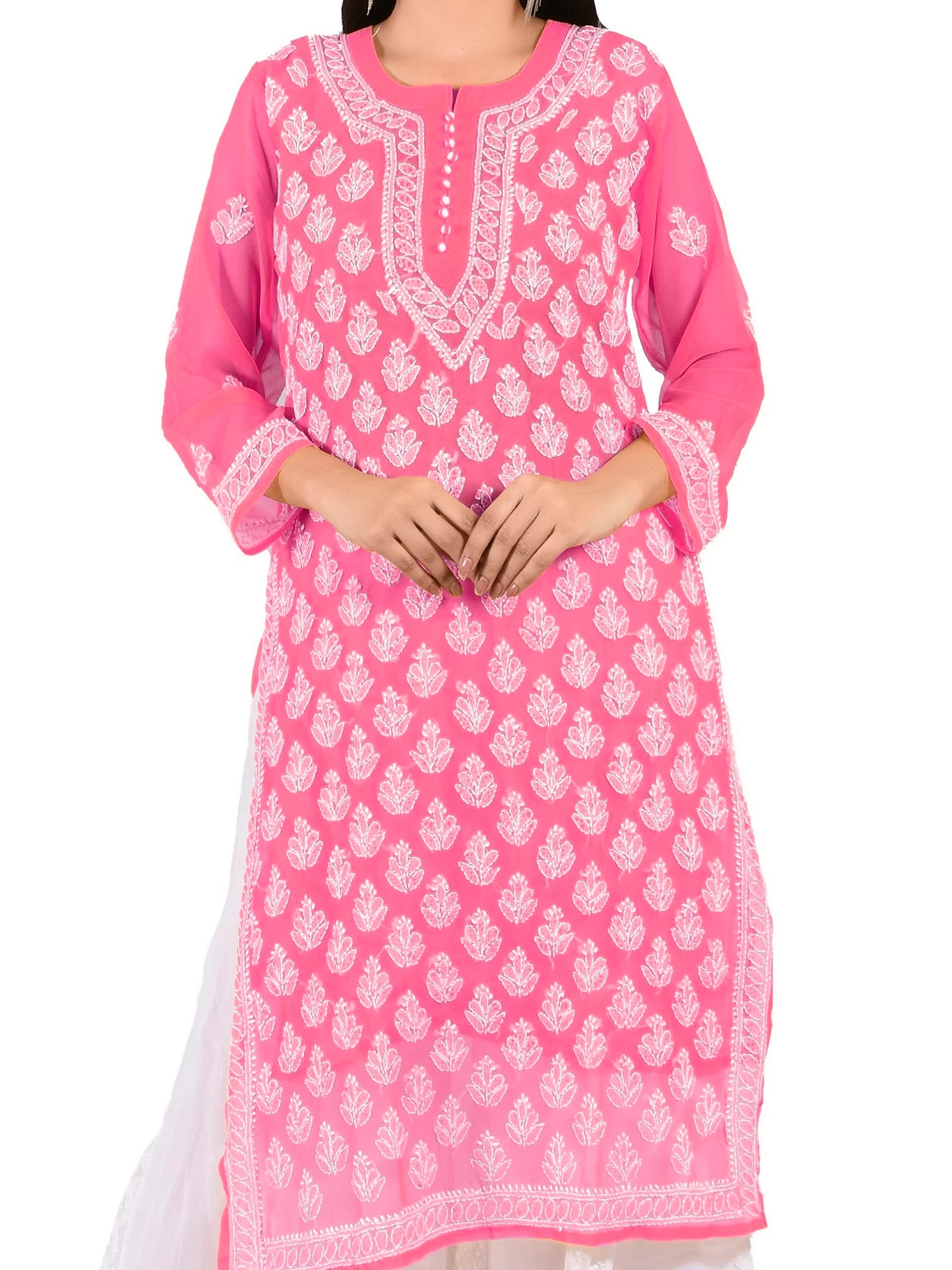 Lavangi Lucknow Chikankari Pink chiffon Booti Jaal Kurti