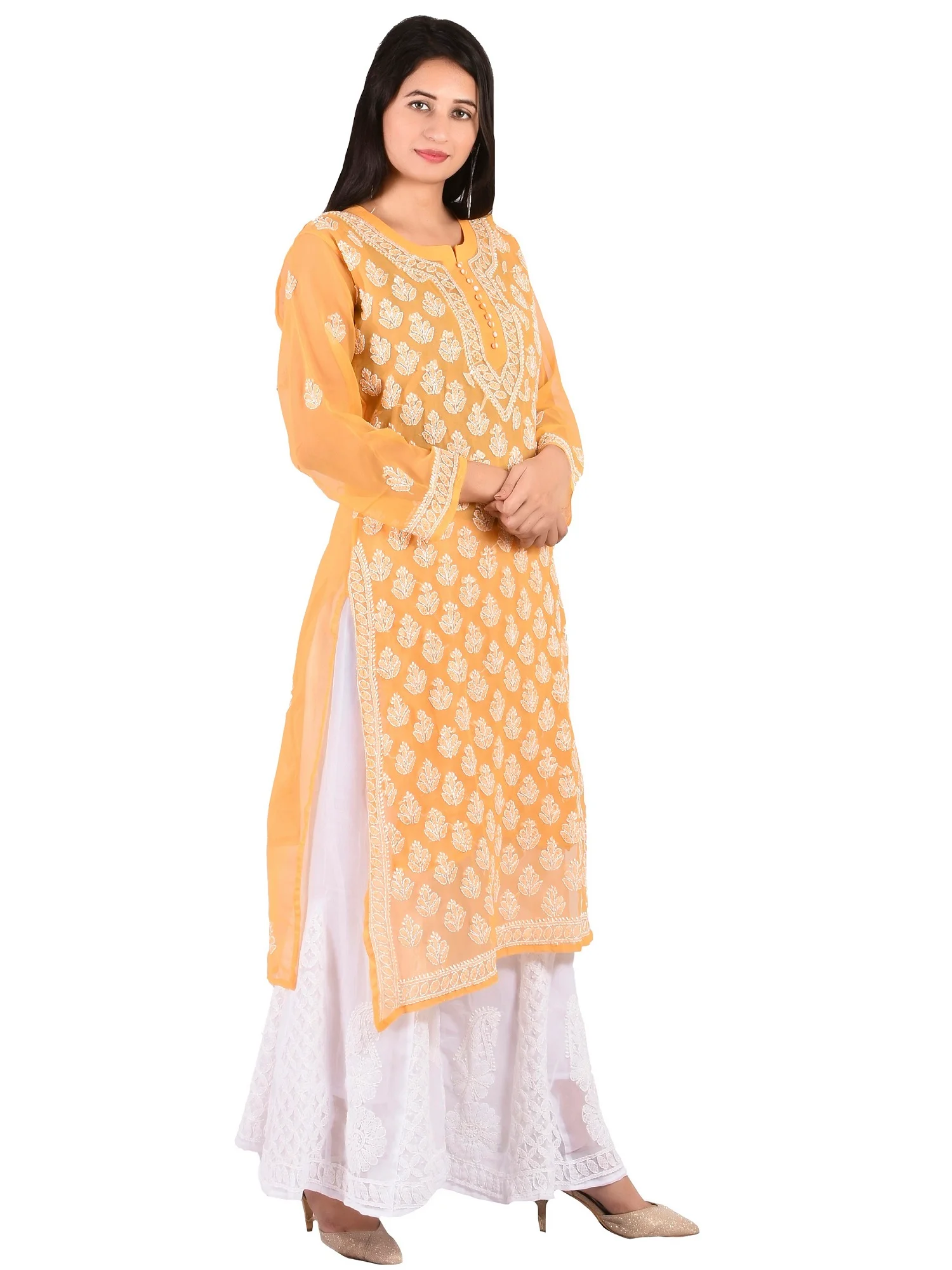 Lavangi Lucknow Chikankari Turmeric Yellow chiffon Booti Jaal Kurti