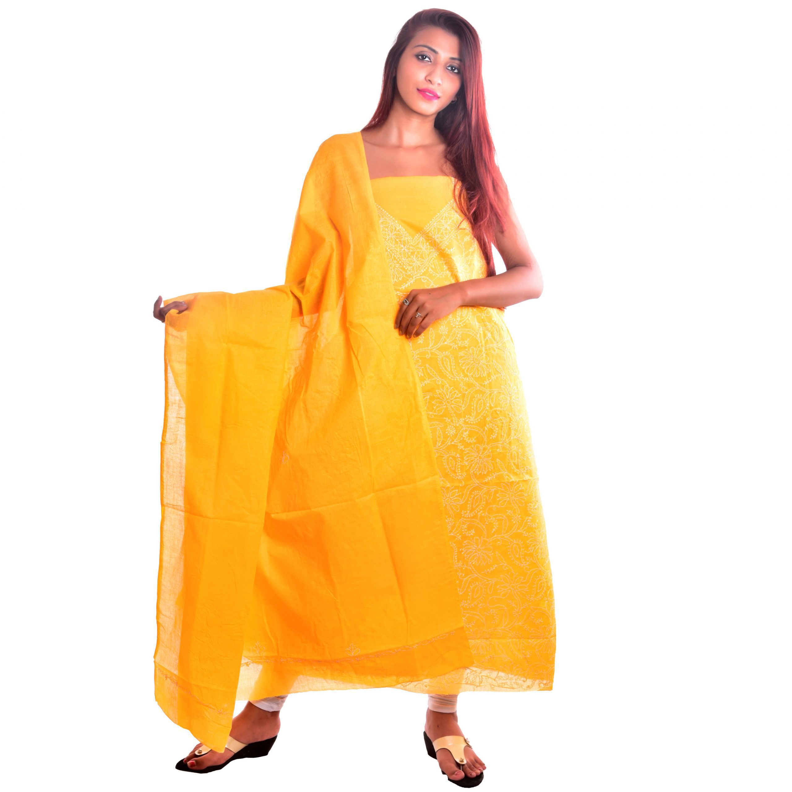 Lavangi Lucknow Chikan Turmeric Yellow Cotton Dress Material