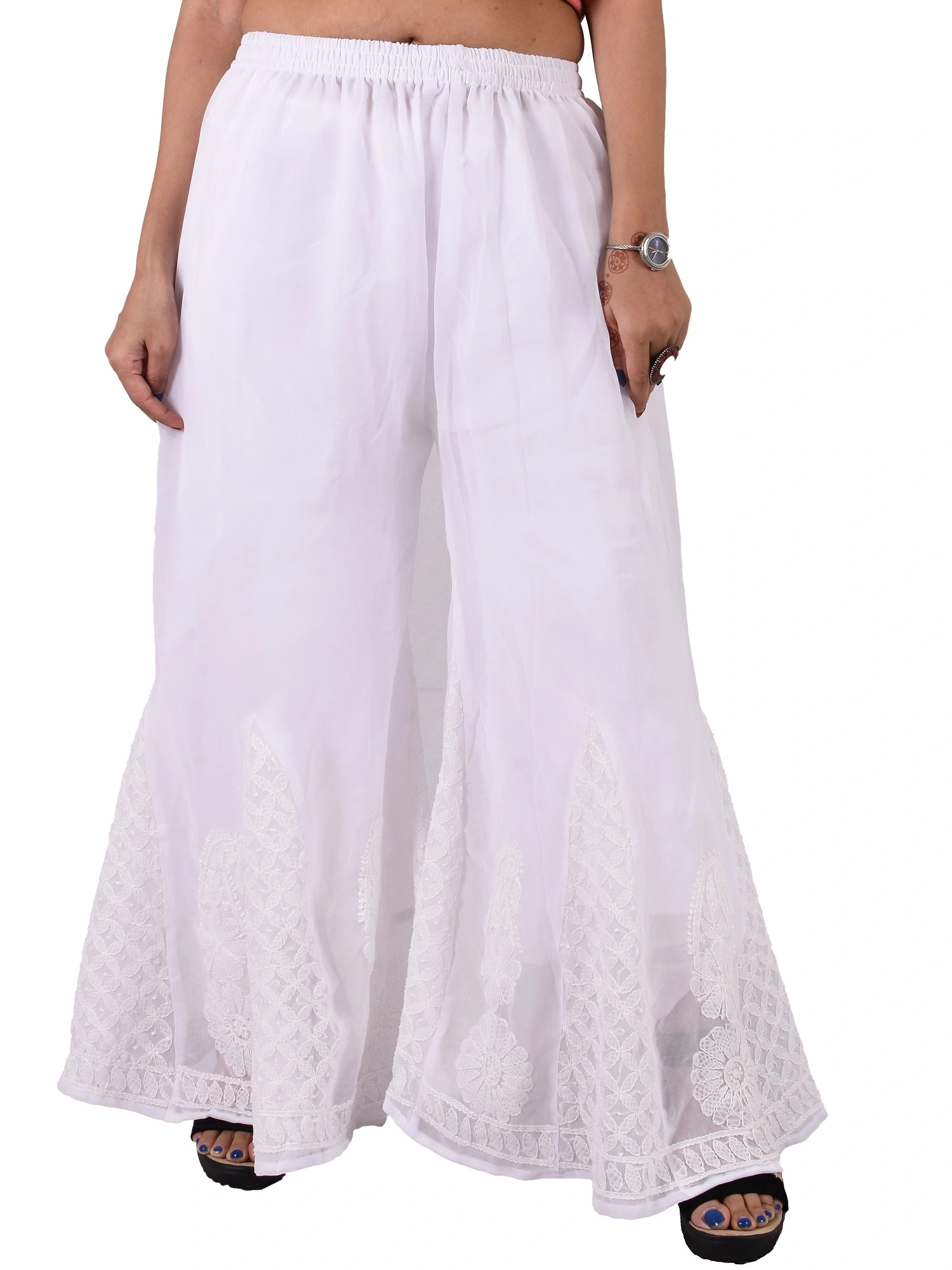 Lavangi Women Lucknow Chikan Embroidery White Chiffon Palazzo with attached cotton Lining