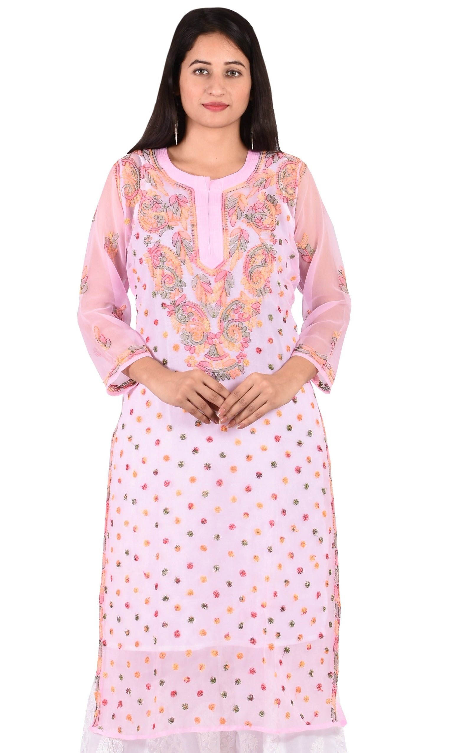 Lavangi Women Lucknow Chikankari Baby Pink Chiffon Kurti