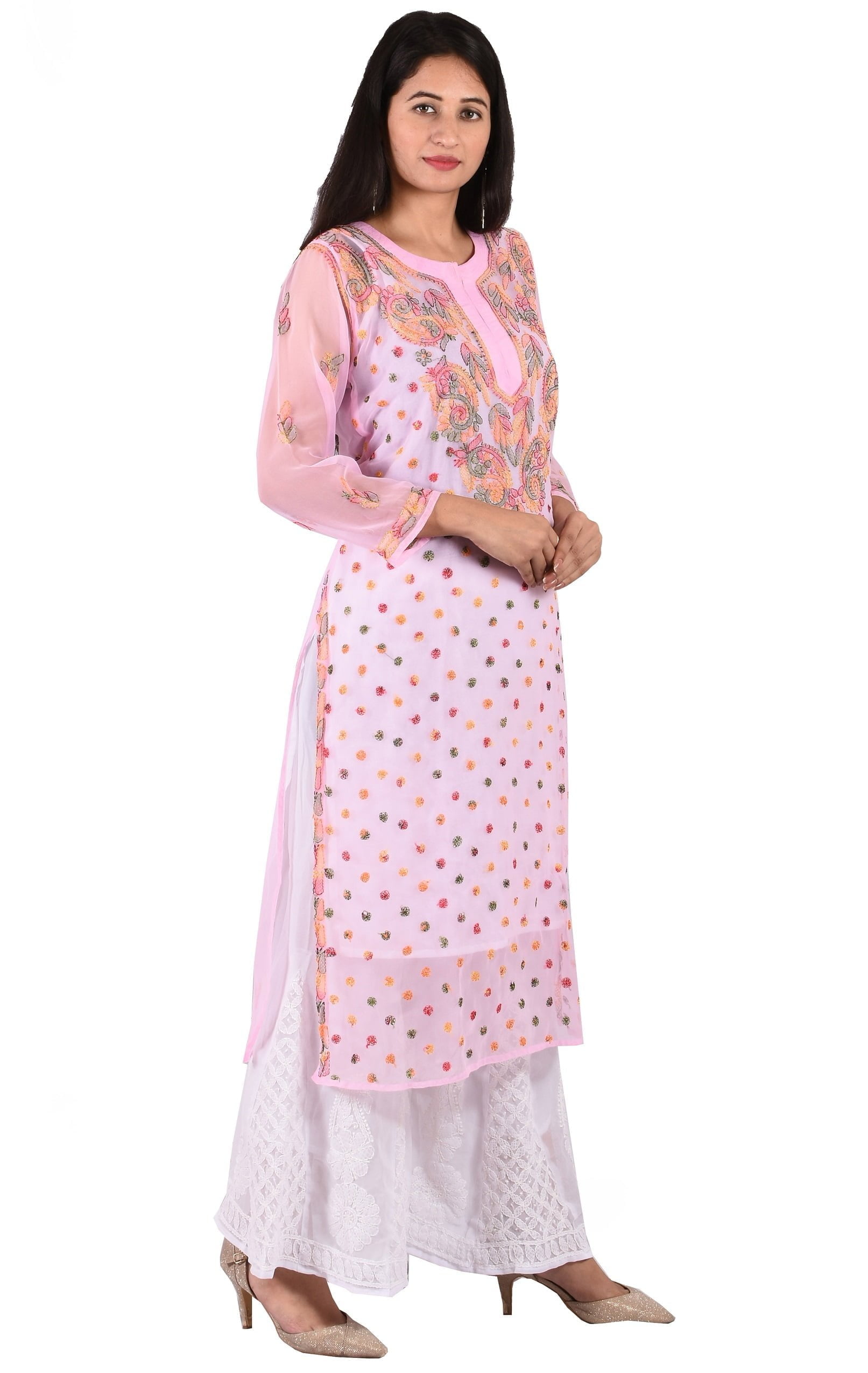 Lavangi Women Lucknow Chikankari Baby Pink Chiffon Kurti