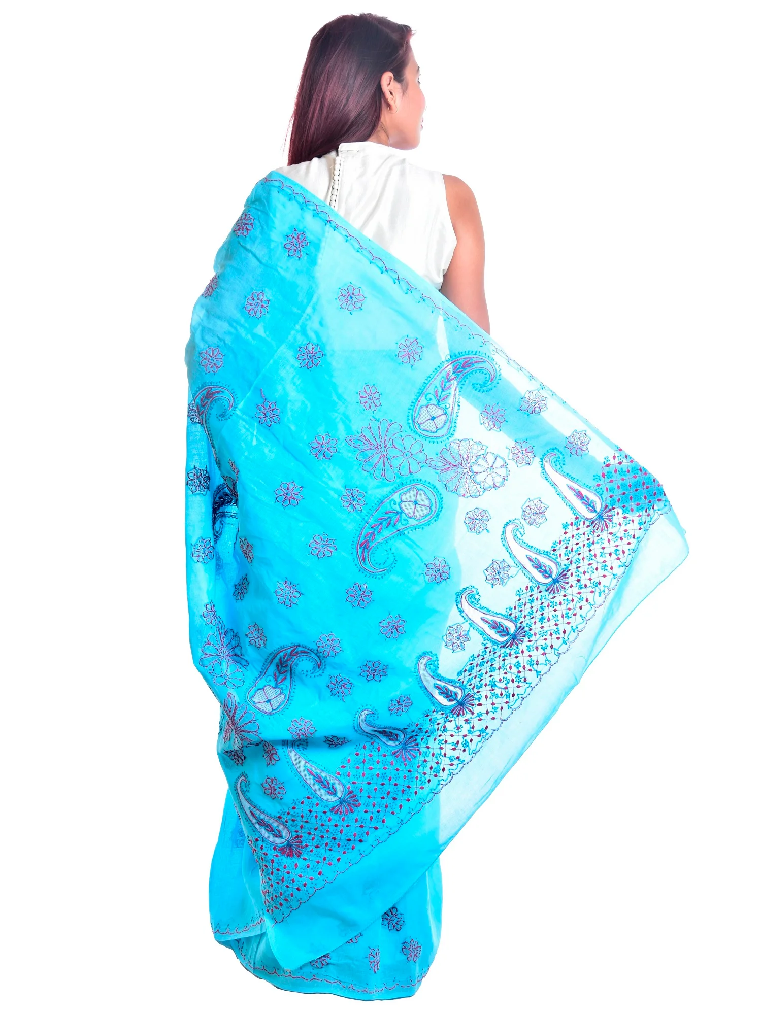 Lavangi Sky Blue Lucknow Chikankari Cotton Net Saree