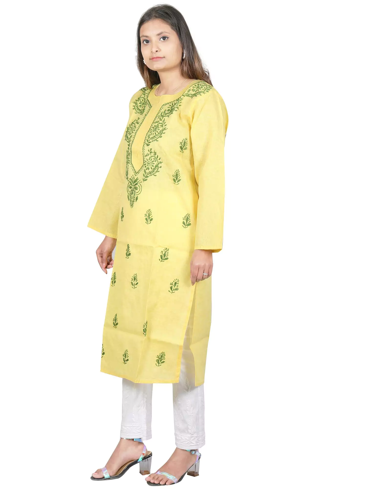 Lavangi Women Lucknow Chikankari Jute Cotton Yellow Kurti