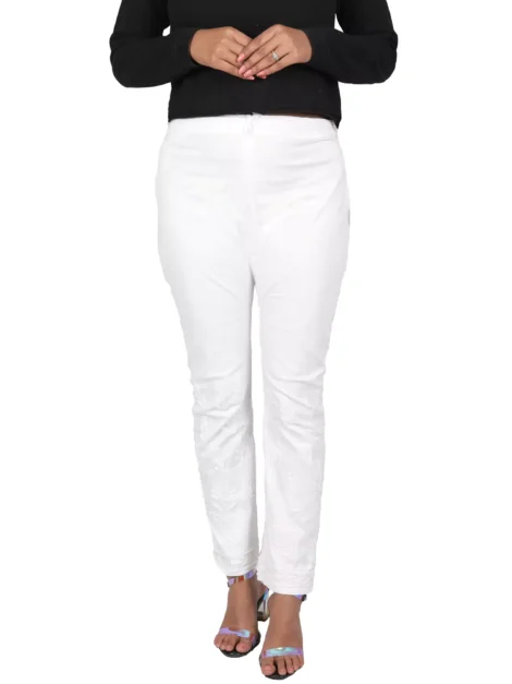 Lavangi Women Lucknow Chikan Hand Embroidery White Cotton Stretchable Trousers