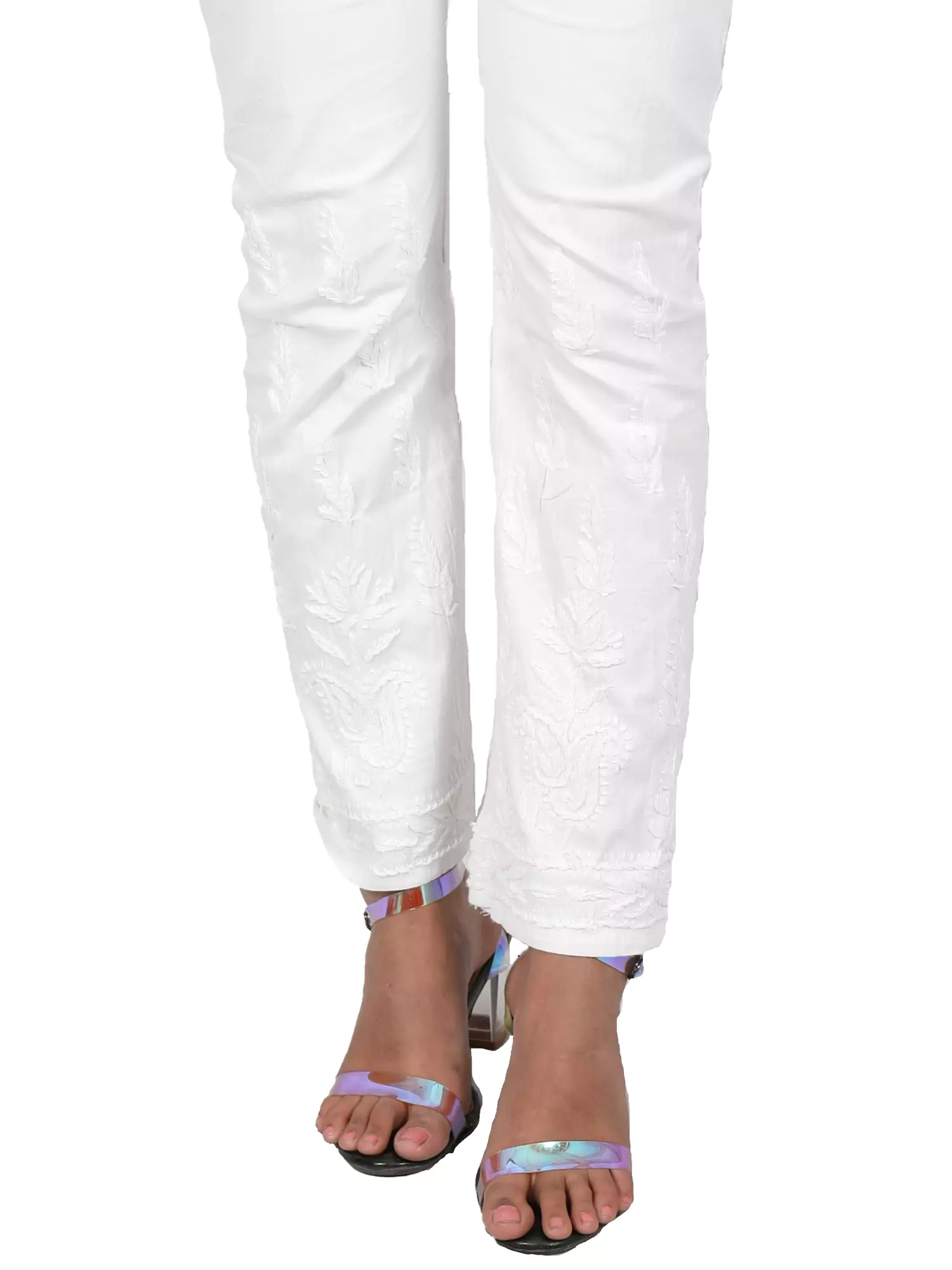 Lavangi Women Lucknow Chikan Hand Embroidery White Cotton Stretchable Trousers