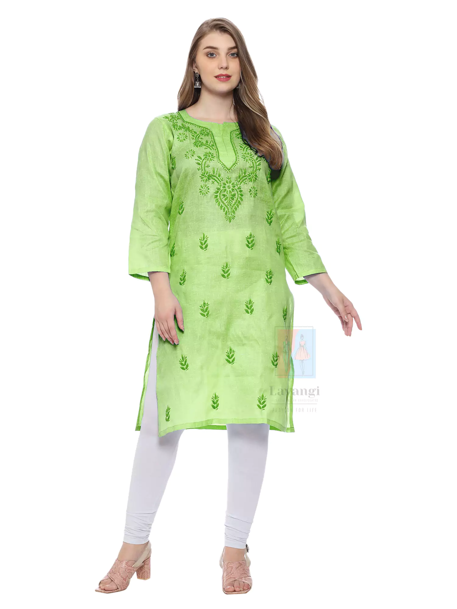 Lavangi Women Lucknow Chikankari Jute Cotton Light Green Kurti