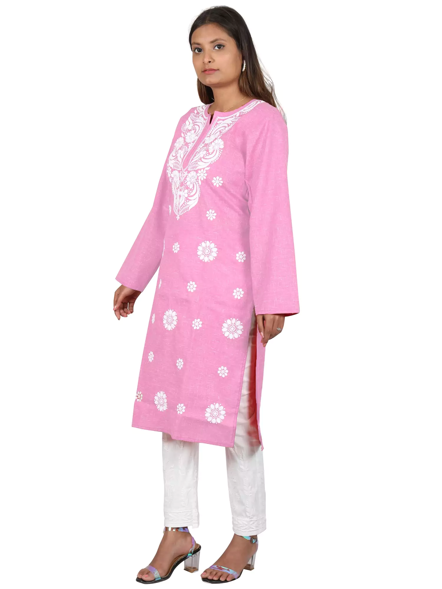 Lavangi Women Lucknow Chikankari Pink Khadi Cotton Machine Work Kurti