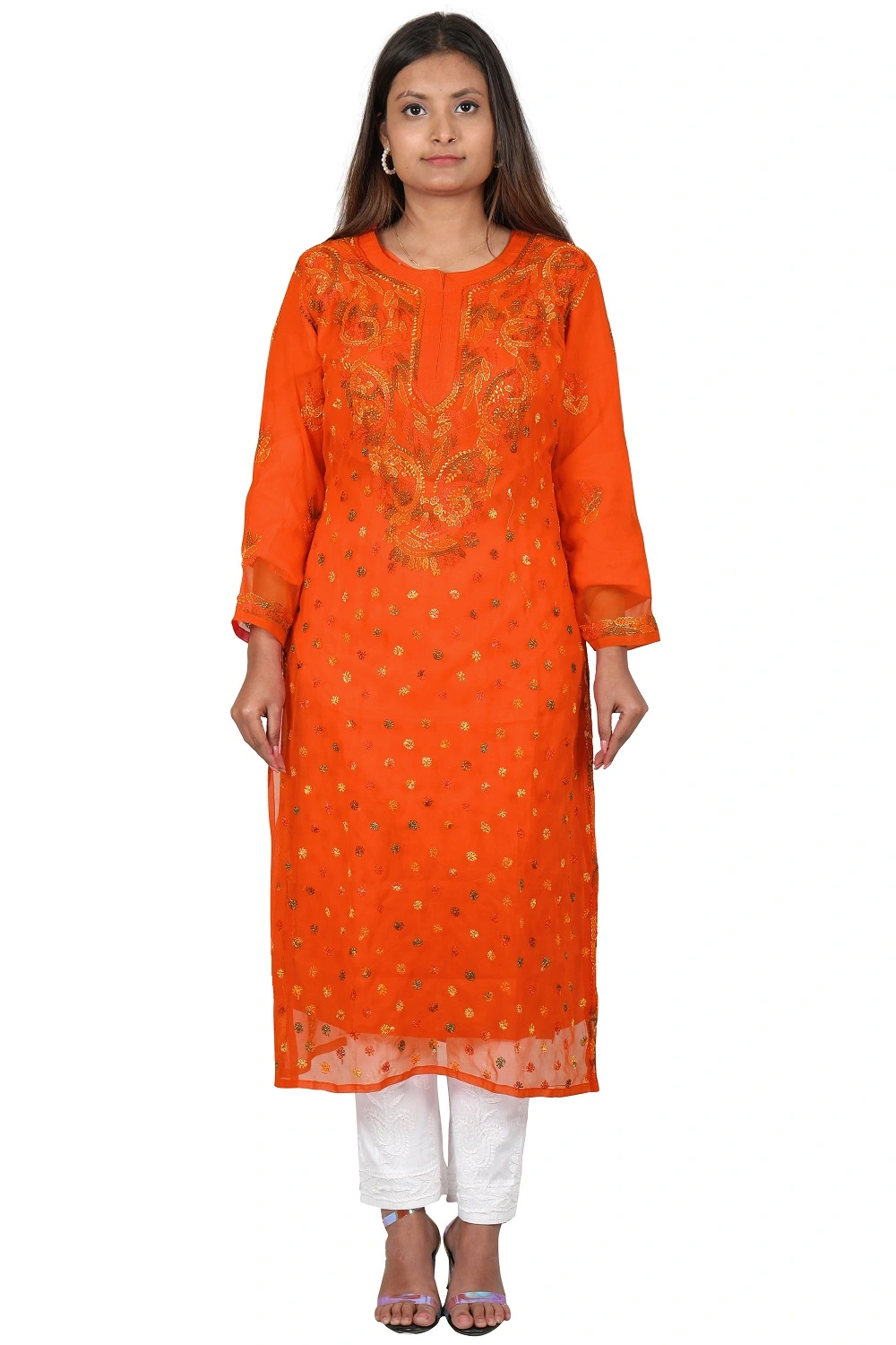 Lavangi Lucknow Chikankari Multi color Resham Thread Hand Embroidered Orange Chiffon Kurti