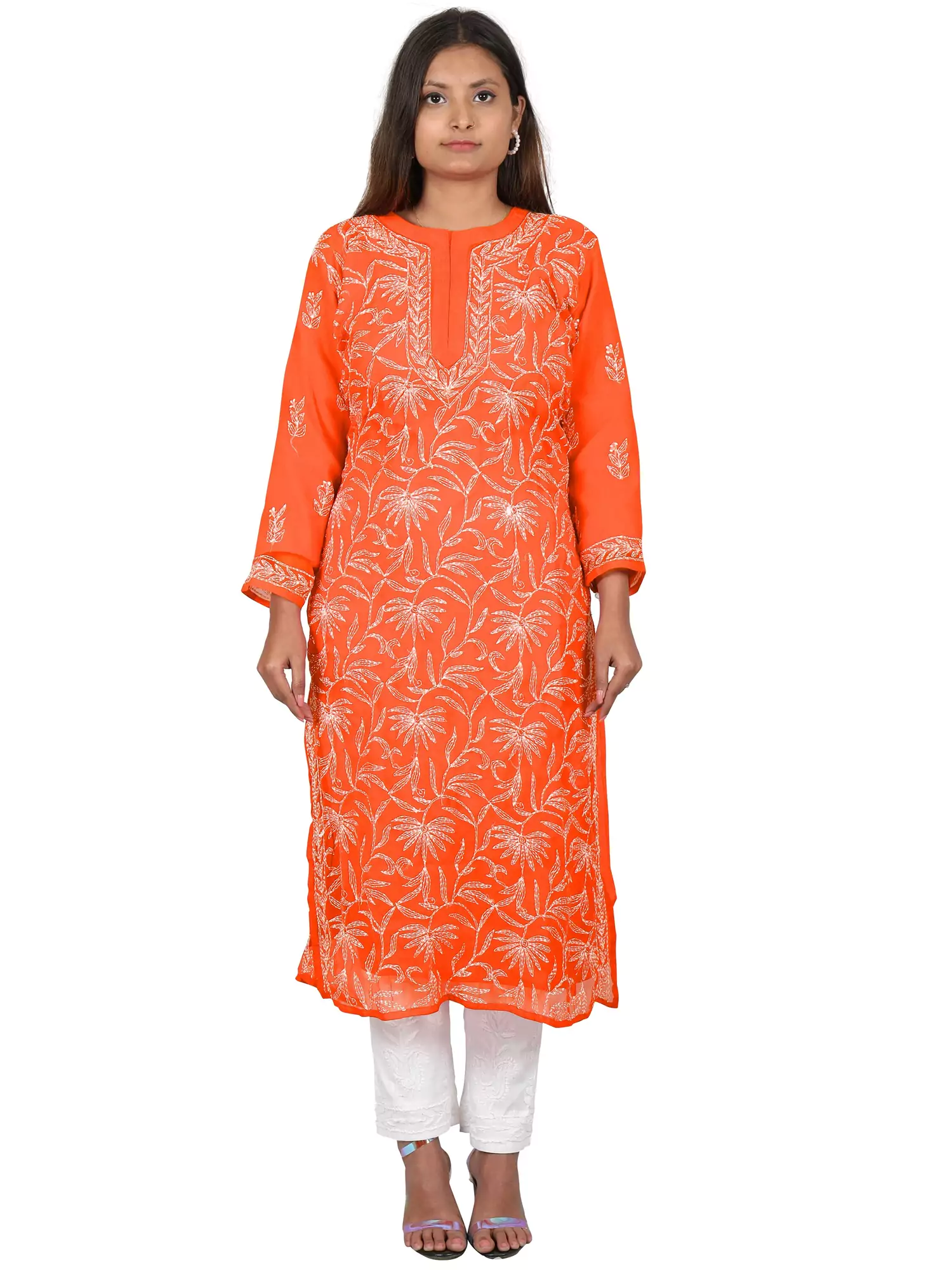 Lavangi Women Lucknow Chikan Orange Tepchi Work Georgette Kurti