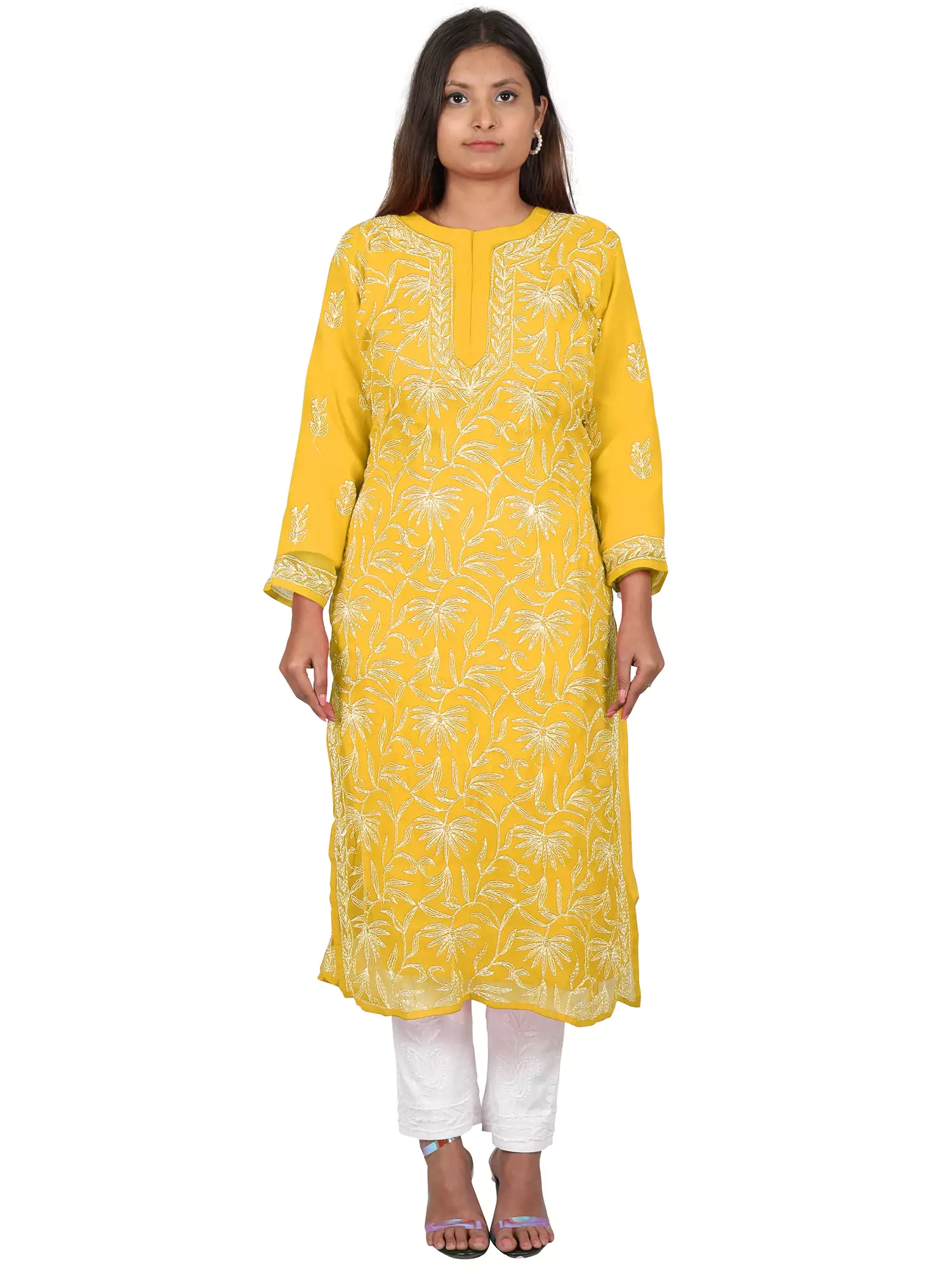 Lavangi Women Lucknow Chikan Yellow Tepchi Work Georgette Kurti