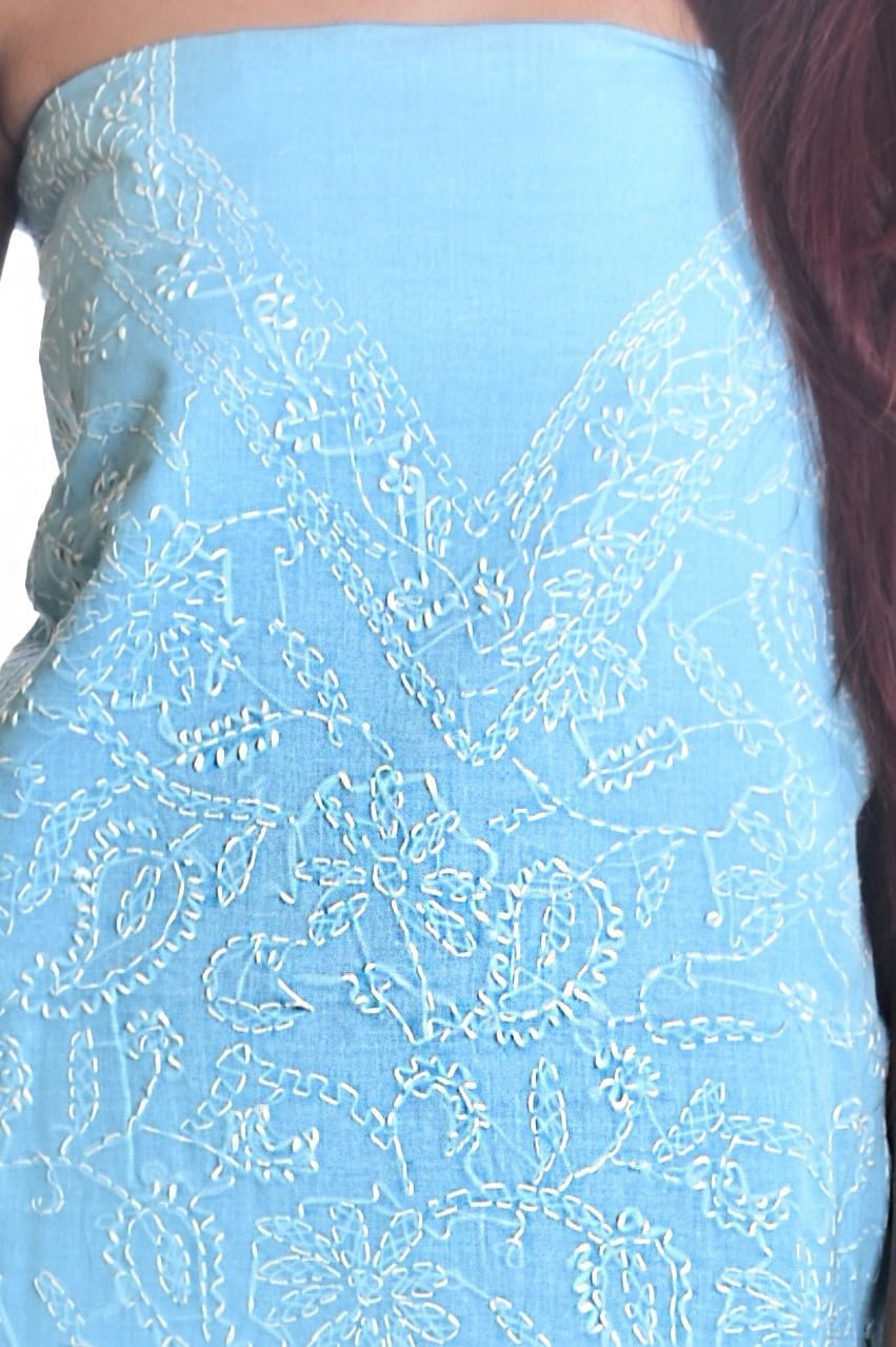 Lavangi Lucknow Chikankari Unstitched Sky Blue Cotten Front Jaal Dress Material